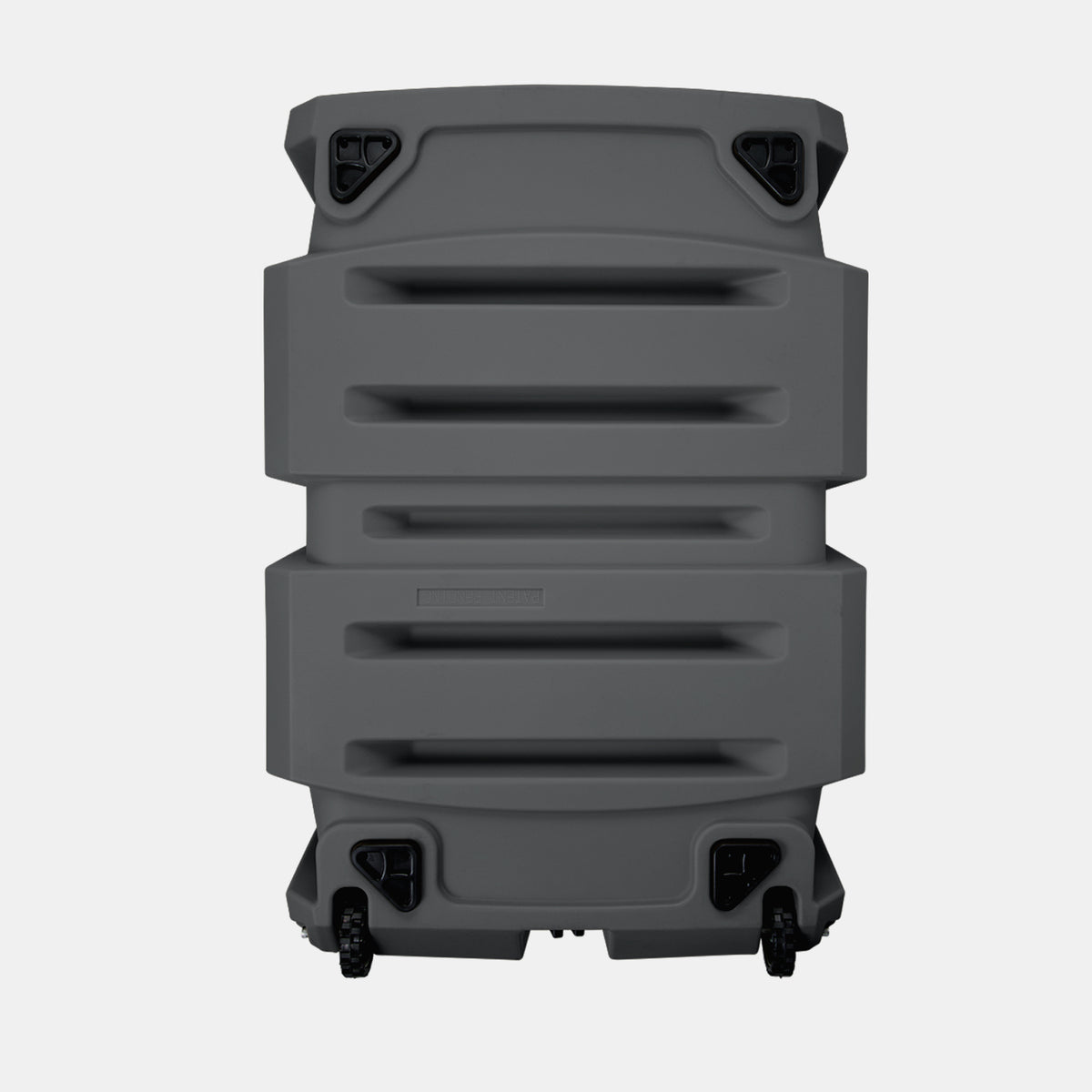 A large, hard-shell, rectangular gray rolling case reminiscent of a rugged dog crate, featuring indented handles and black latches on the top corners, viewed from the front against a plain background.