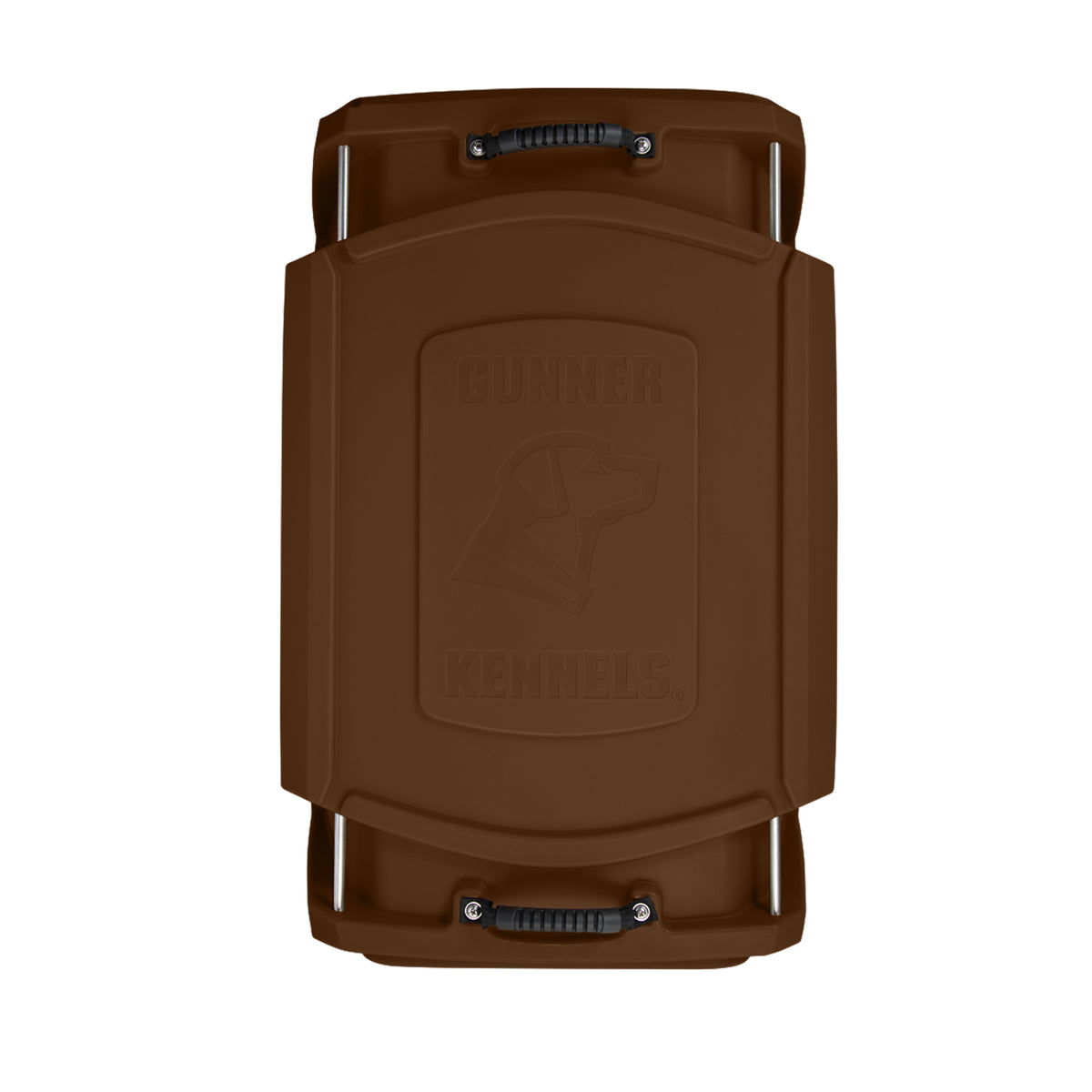 Top view of the GUNNER G1™ Kennel - Susquehanna/Mossy Oak Shadow Grass lid with molded handles, embossed dog head, and Gunner branding—durable and classic for waterfowl hunters.
