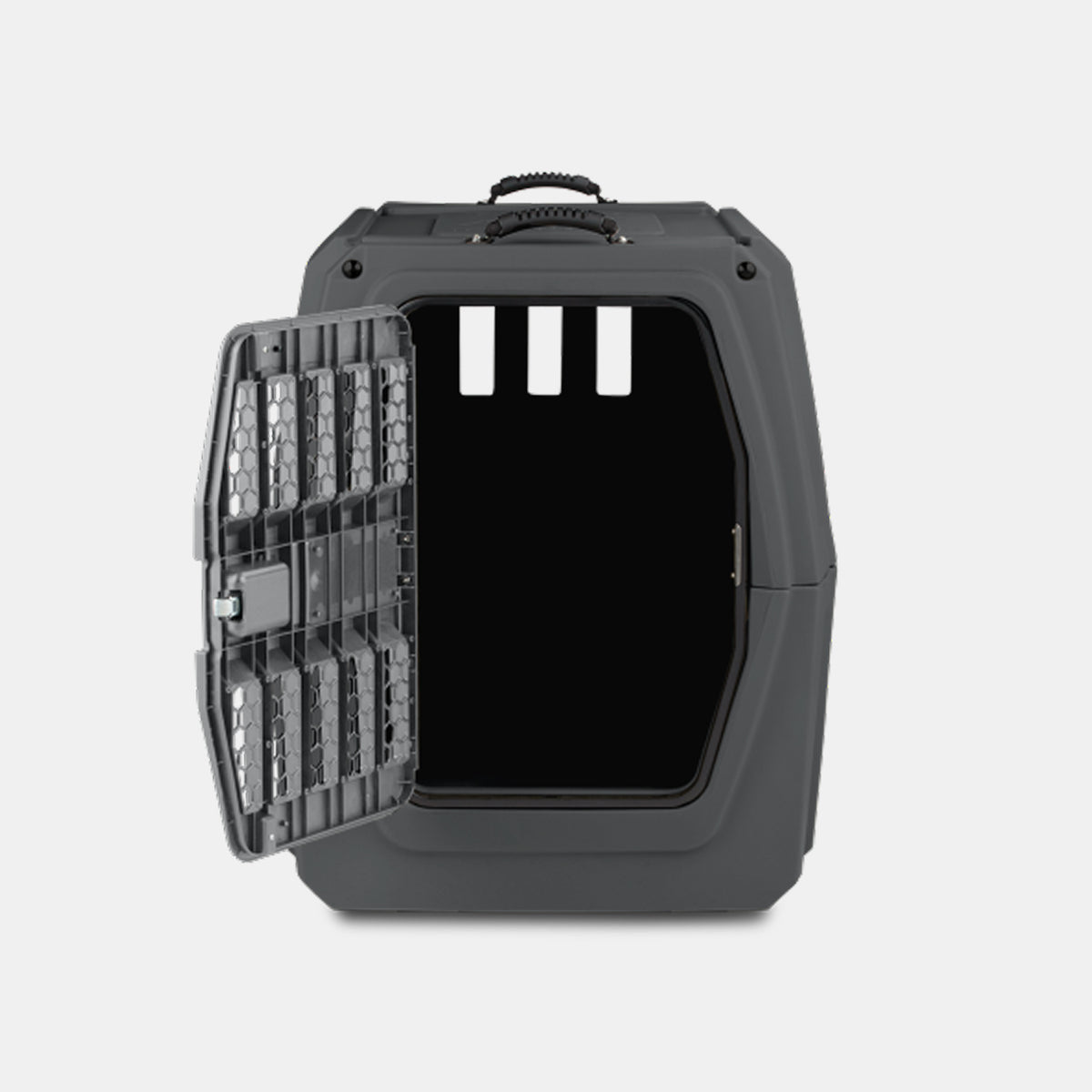 A dark gray pet carrier, ideal as a compact dog crate or kennel, with a handle on top and an open, transparent door featuring ventilation slots, set against a plain light background.