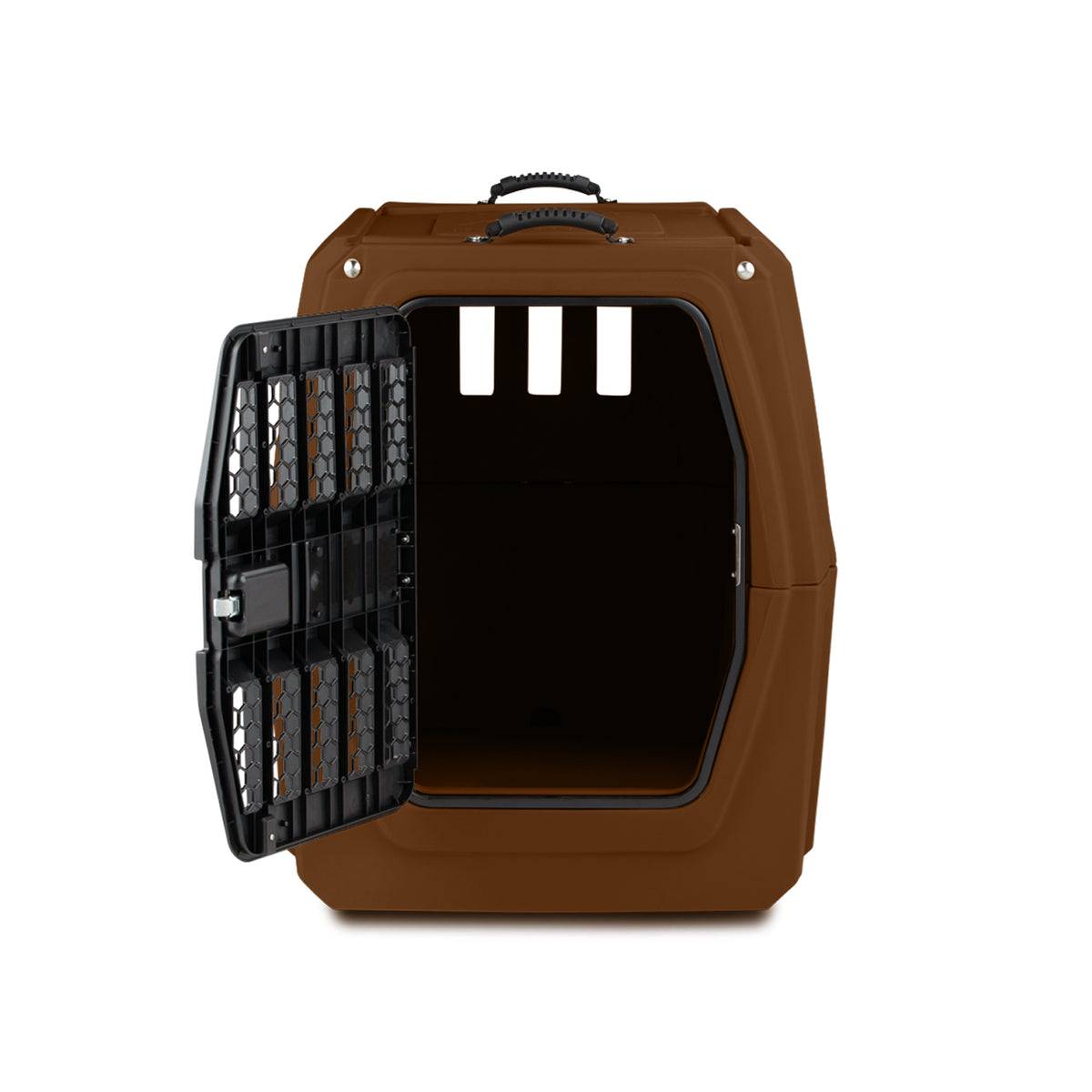 The GUNNER G1™ KENNEL - SUSQUEHANNA/MOSSY OAK SHADOW GRASS is a brown plastic pet carrier with a Mossy Oak pattern, left-opening black metal door, empty inside, and three rectangular ventilation holes for dog safety.