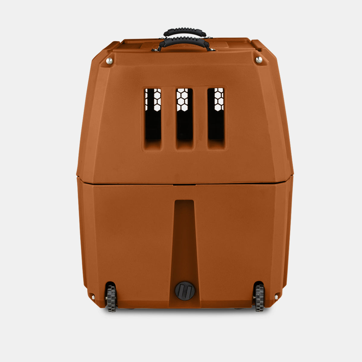 A brown plastic dog crate with a handle on top, ventilation slats, and small wheels at the base is shown against a plain white background, making it an ideal portable kennel for your pet’s outdoor gear.