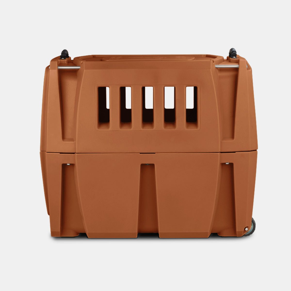 A brown plastic dog kennel with ventilation slats on the front, handles on the top, and small wheels on the bottom right corner, set against a plain light background—ideal for transporting your working dog safely and comfortably.