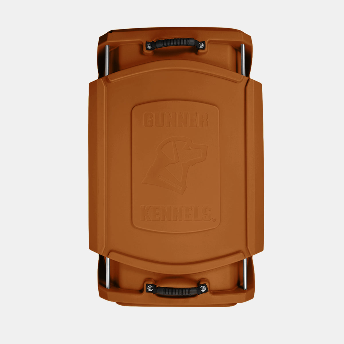 Top view of a durable, rectangular, tan-colored dog crate with black handles and Gunner Kennels embossed on the lid along with an outline of a dogs head—perfect for safely transporting your hunting dog or as a reliable kennel at home.
