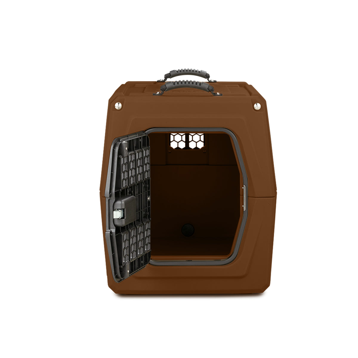 A GUNNER G1™ Kennel - Susquehanna/Mossy Oak Shadow Grass pet carrier with a black metal door, top handle, and hexagonal rear window is shown against a white background featuring the signature Mossy Oak pattern.