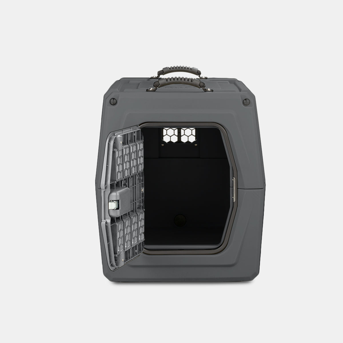 A gray, hard-sided dog crate with a metal door that is open, showing the empty interior. The kennel features a handle on top and ventilation holes on the back wall, making it an essential piece of outdoor gear for pet owners.