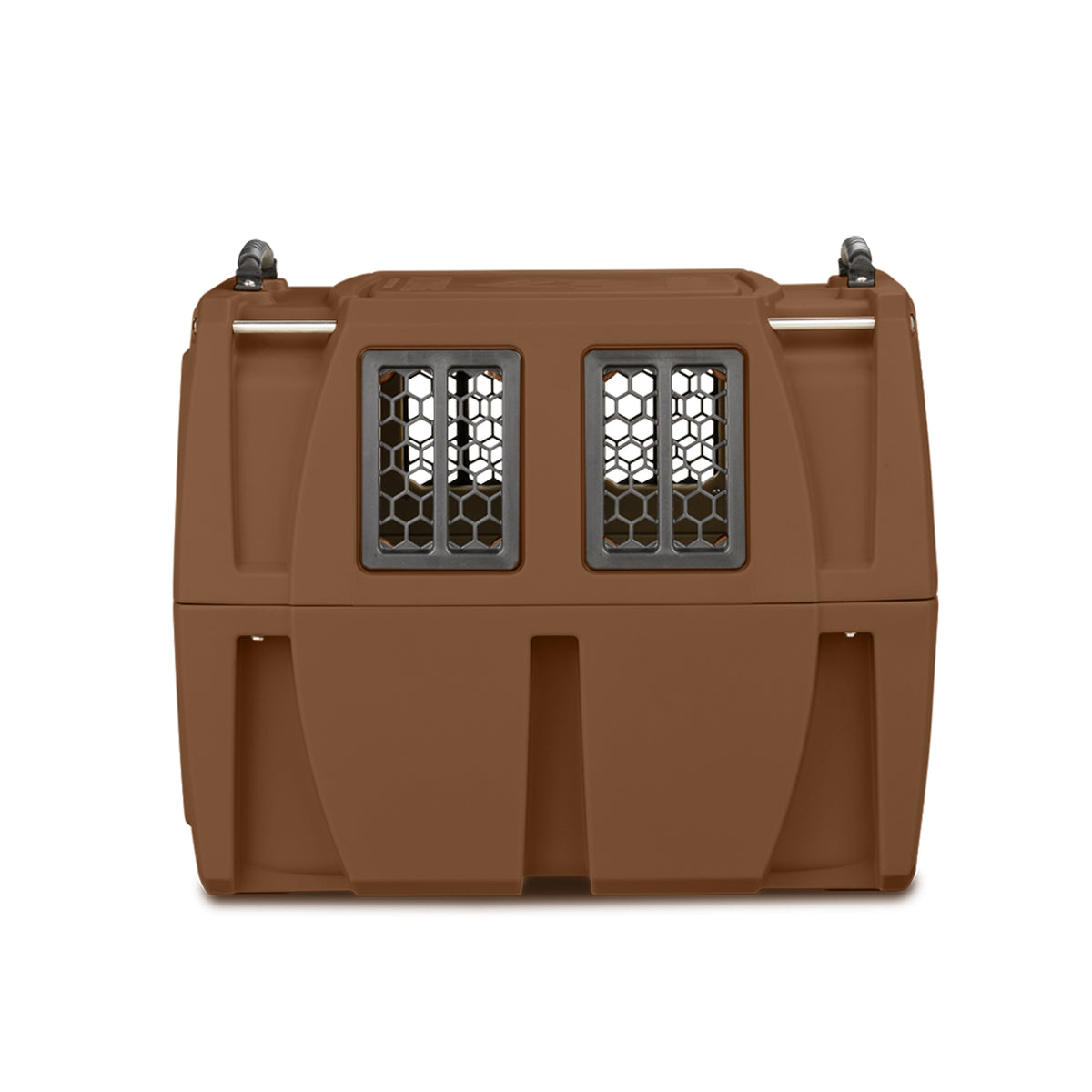 The GUNNER G1™ KENNEL in Susquehanna/Mossy Oak Shadow Grass features brown plastic construction, two front metal mesh windows, and ventilation holes—perfect for duck and goose hunters. Shown front-facing on a white background.
