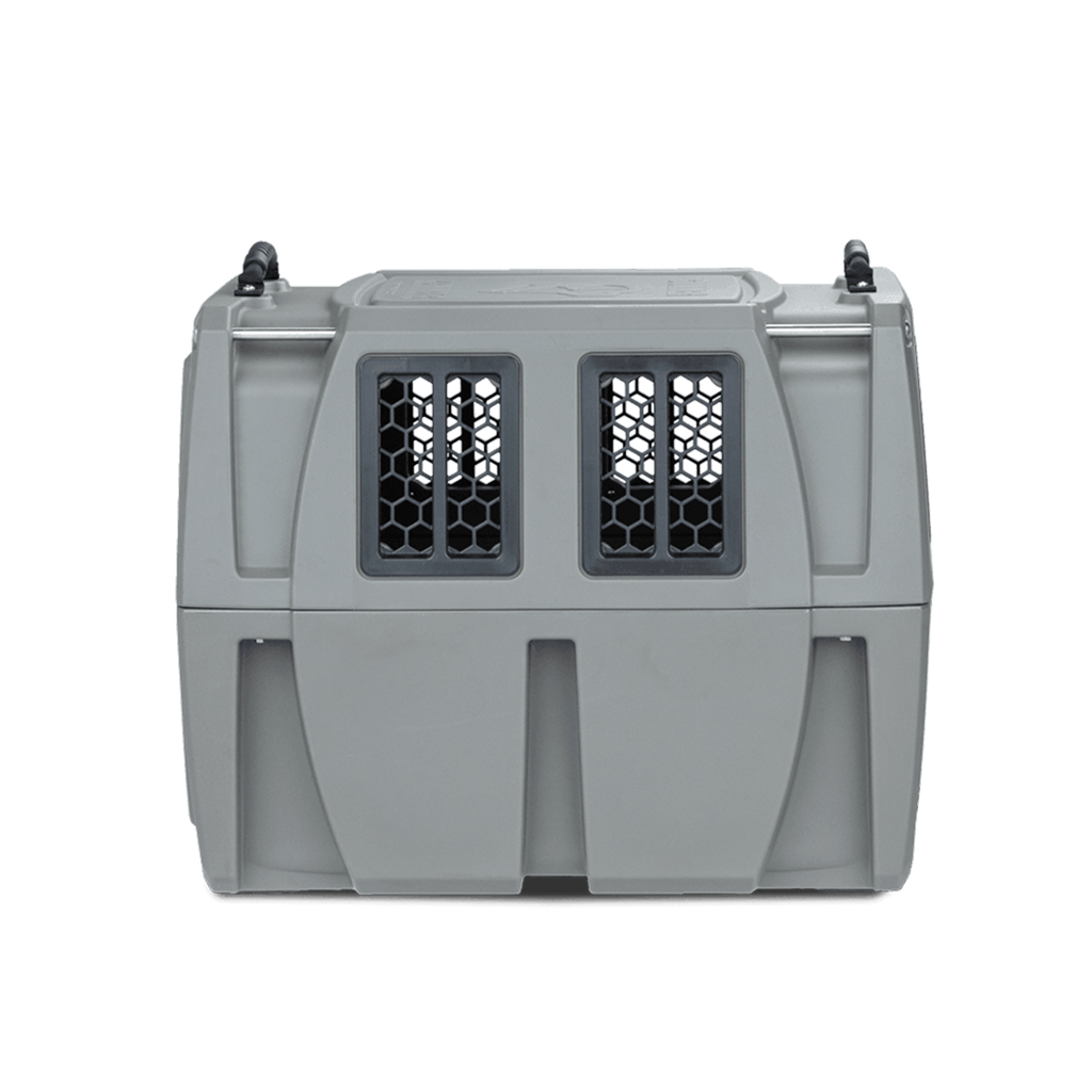 The GUNNER G1™ KENNEL in Gunmetal is a sturdy, rectangular dog crate with a vented door and side windows, featuring black mesh vents on the front for airflow and security—perfect for safe animal transport.