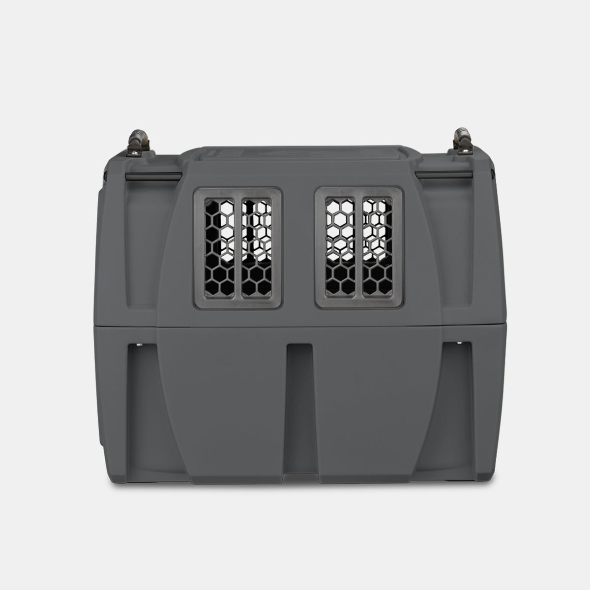 A gray plastic pet carrier with ventilation windows on the front, featuring black mesh panels and a secure, sturdy design—ideal for working dogs as reliable outdoor gear. The carrier is shown facing forward against a plain white background.