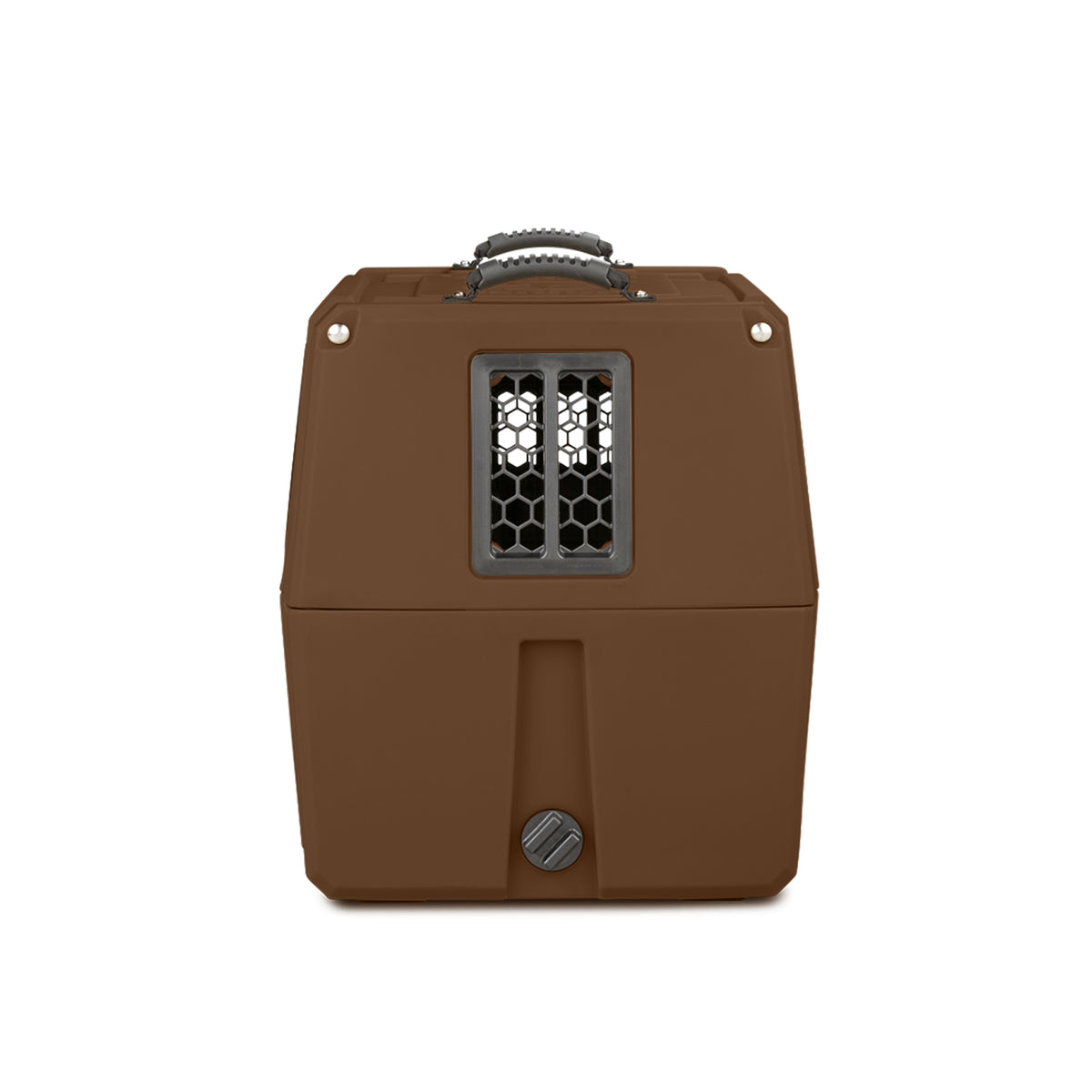 The GUNNER G1™ KENNEL - SUSQUEHANNA/MOSSY OAK SHADOW GRASS is a brown, hard-sided pet carrier with Mossy Oak camo, a top handle, and a vented front window—ideal for duck and goose hunters’ loyal companions.