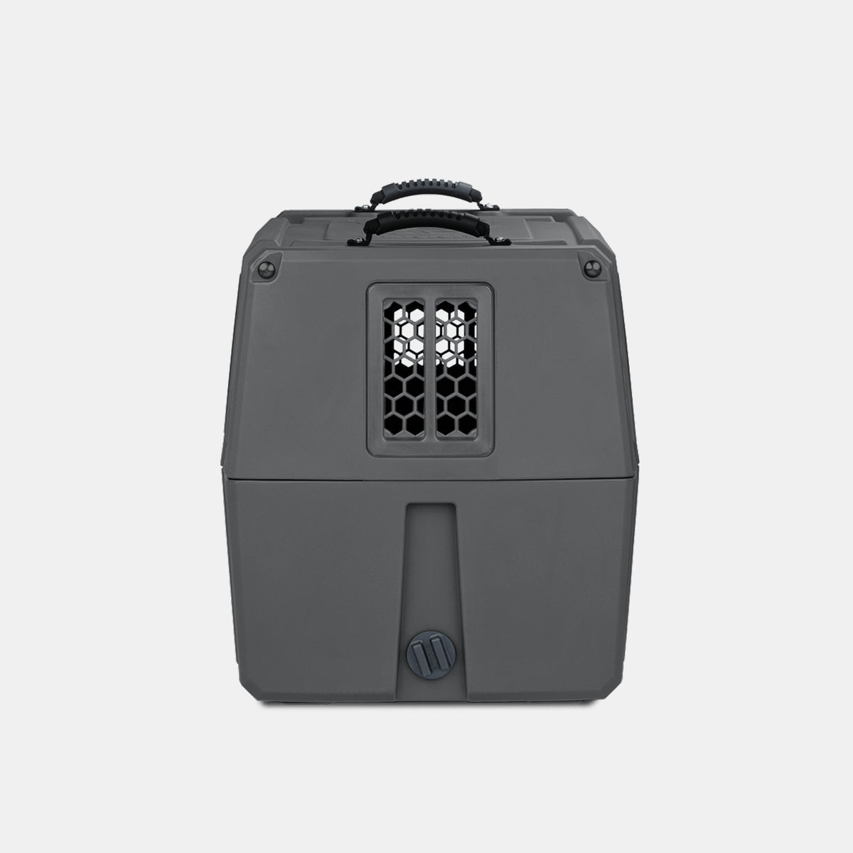 A dark gray, hard-shell dog kennel with a sturdy handle on top and a small grated window in the center front for ventilation, shown against a plain light background. Perfect for transporting your hunting or working dog safely and securely.