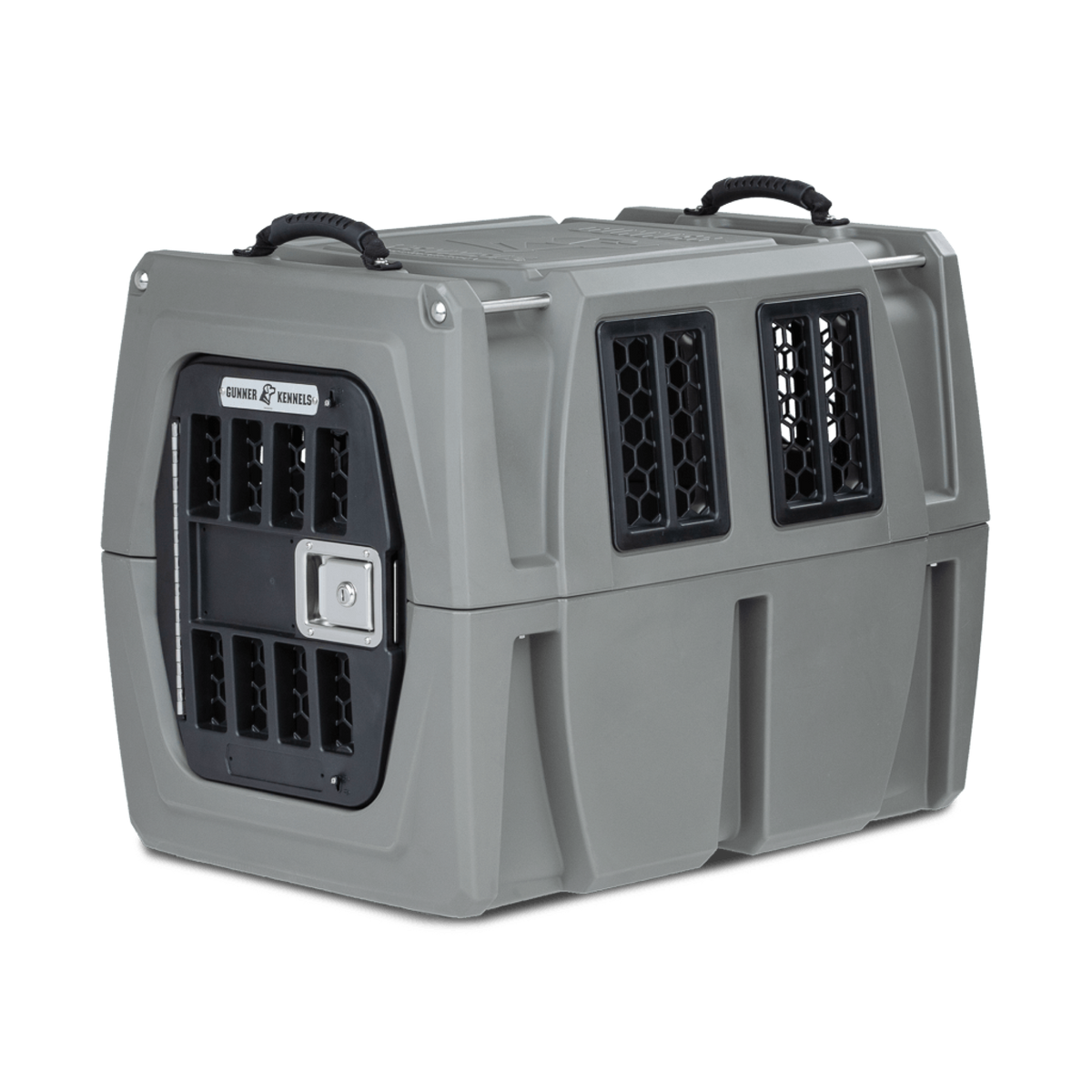 The GUNNER G1™ KENNEL in gunmetal features black ventilation grates, a secure metal front latch, and two top carrying handles—ideal as a safe travel or home dog crate.