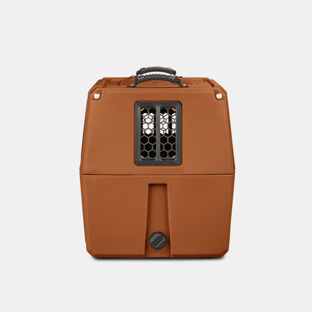 A front view of a brown plastic dog kennel with a black mesh window, a handle on top, and a circular knob near the bottom, set against a plain white background.