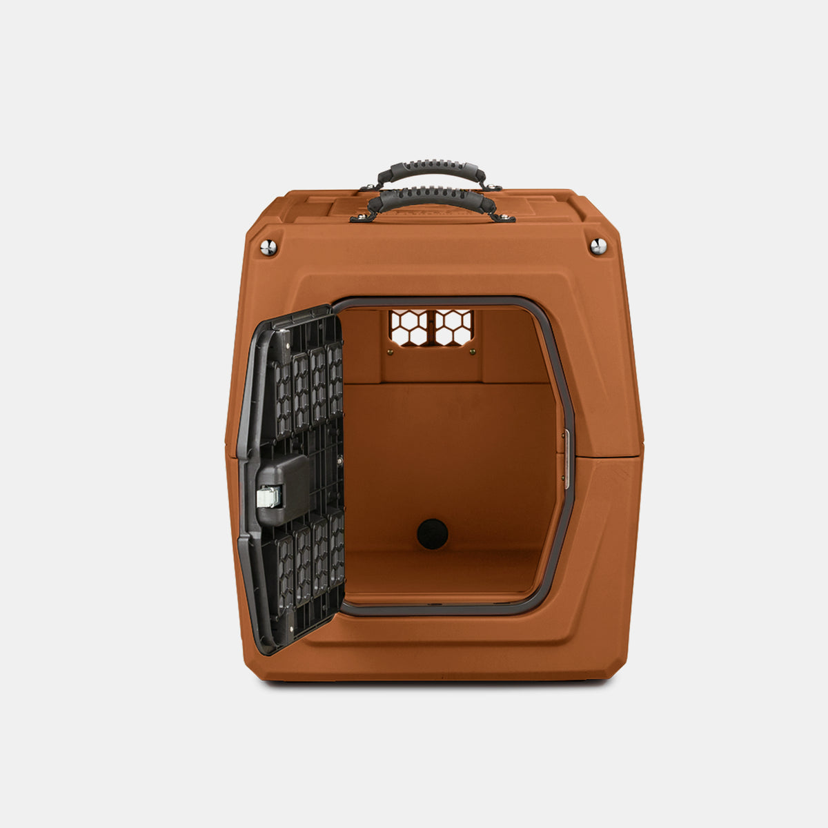 A brown hard-shell dog crate with a black metal door open, showing the empty interior. The crate has a handle on top and a small ventilation window at the back, making it ideal as a sturdy dog kennel for home or travel. The background is plain white.