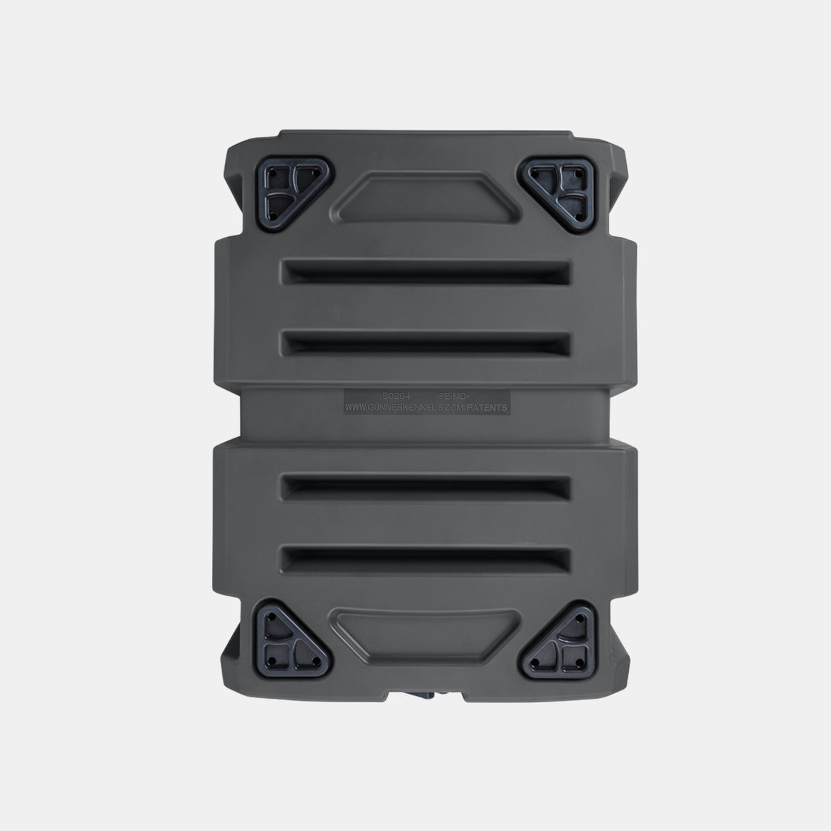 A hard, rectangular, black plastic storage case with reinforced edges and four triangular corner brackets—reminiscent of durable outdoor gear—viewed from above on a light background.