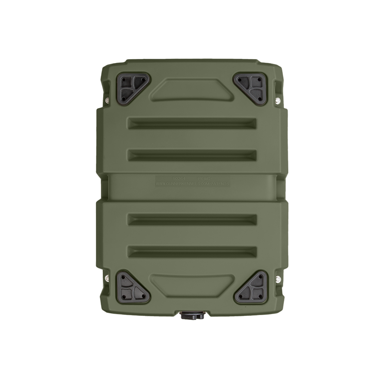 The GUNNER G1™ KENNEL in Gunner Green features reinforced corners, double-walled construction, horizontal ridges, and four black corner fasteners, shown from above on a white background.