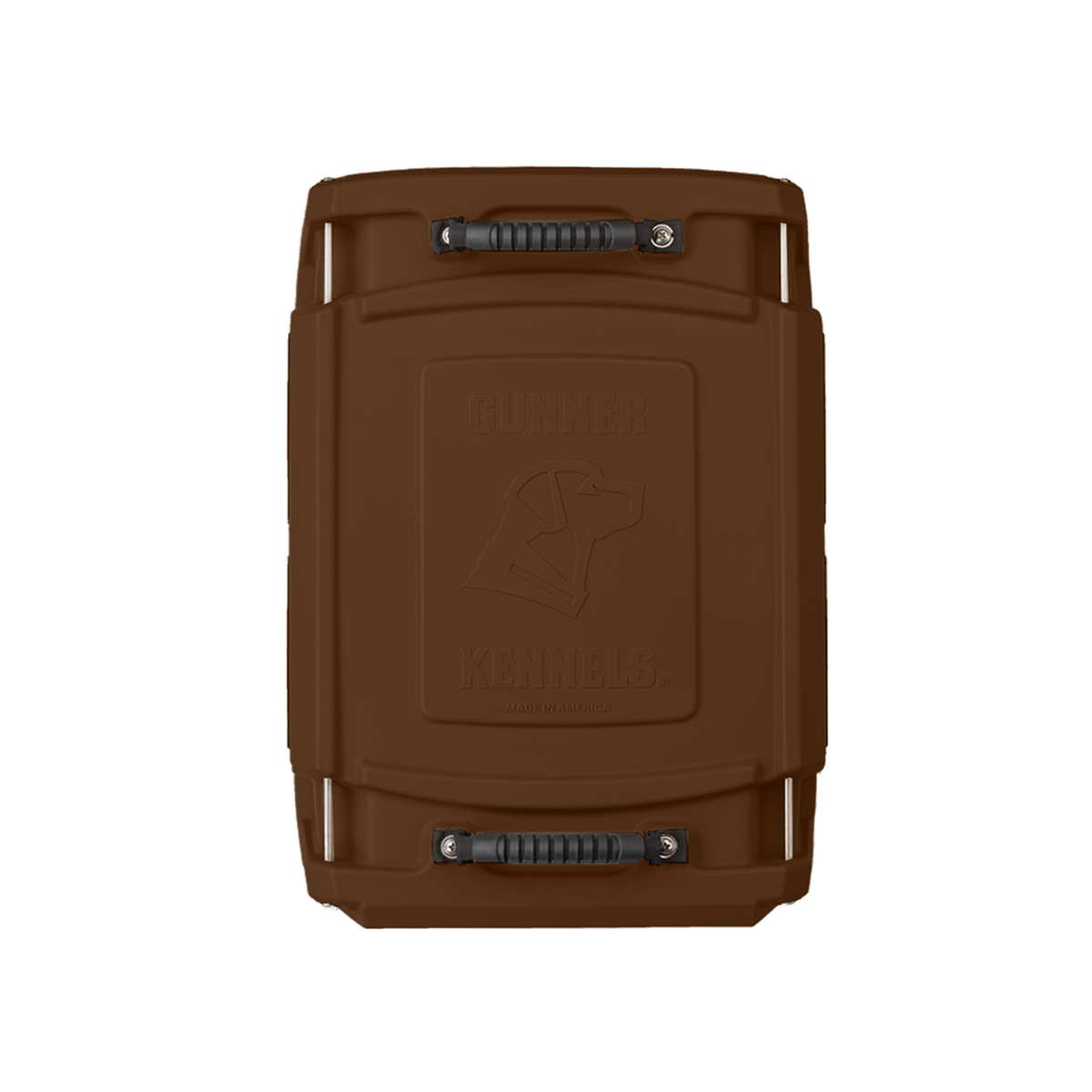 The GUNNER G1™ KENNEL - SUSQUEHANNA/MOSSY OAK SHADOW GRASS is a brown hard-sided dog kennel with black handles, featuring a raised dogs head logo and Gunner Kennels branding, inspired by the Archive Series and classic OG Shadow Grass patterns.