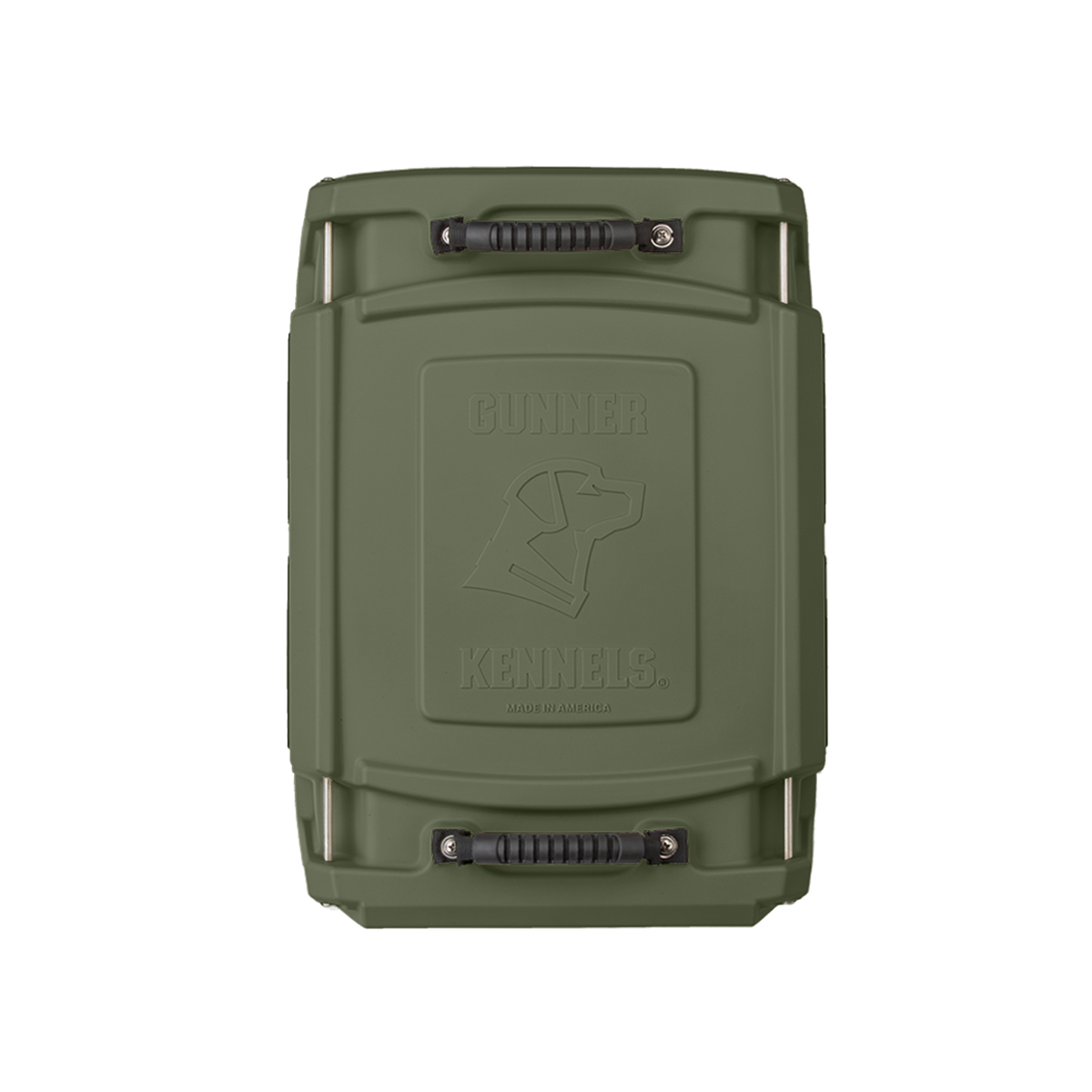 The GUNNER G1™ KENNEL in Gunner Green is a double-walled crate with two black handles and an embossed dog head logo with “Gunner Kennels” on top—engineered for safety and proudly made in the USA.