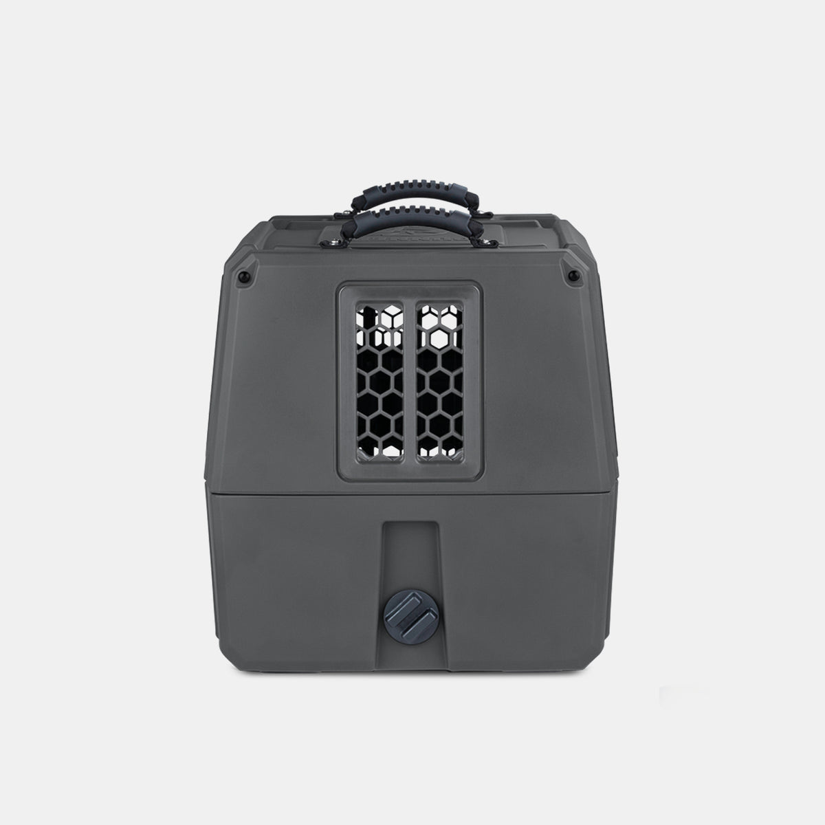 A dark gray, hard-shell pet carrier—ideal as a compact dog crate or outdoor gear—features a central mesh window and a textured handle on top, shown against a plain white background.