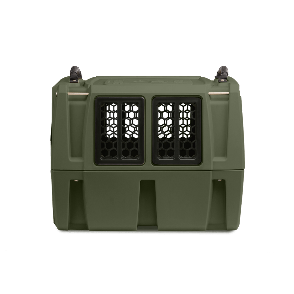 The GUNNER G1™ KENNEL in Gunner Green is a durable, double-walled pet carrier with two black ventilated front windows, built by GUNNER for safe animal transport.