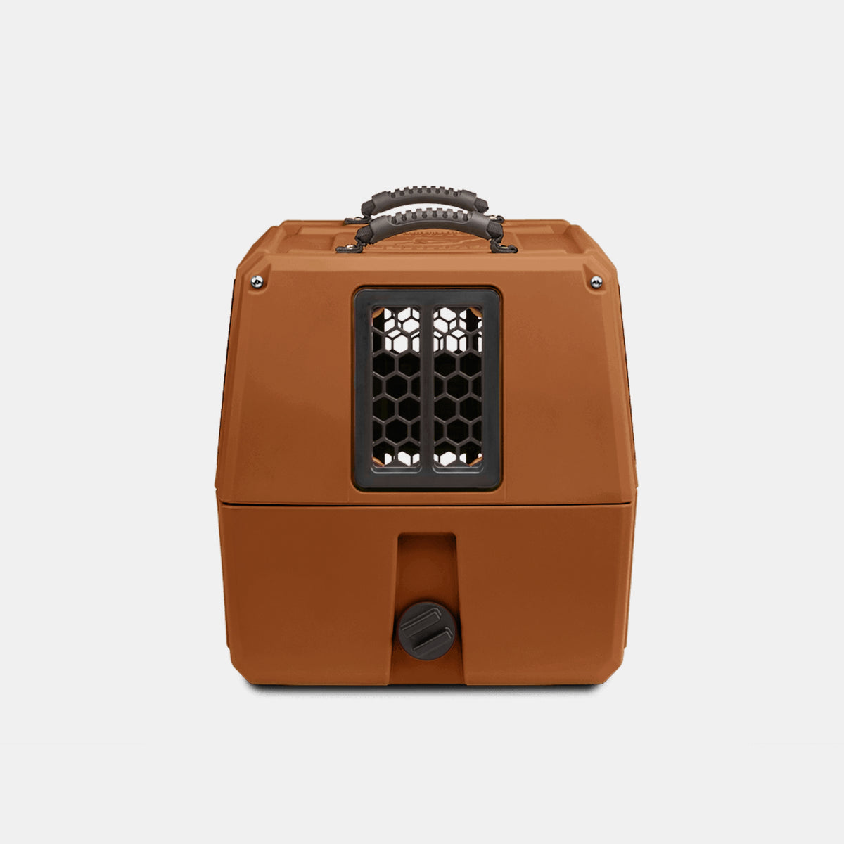 A brown, hard plastic dog crate pet carrier with a black vented door and handle on top, ideal for working dogs or outdoor gear, shown against a plain white background.