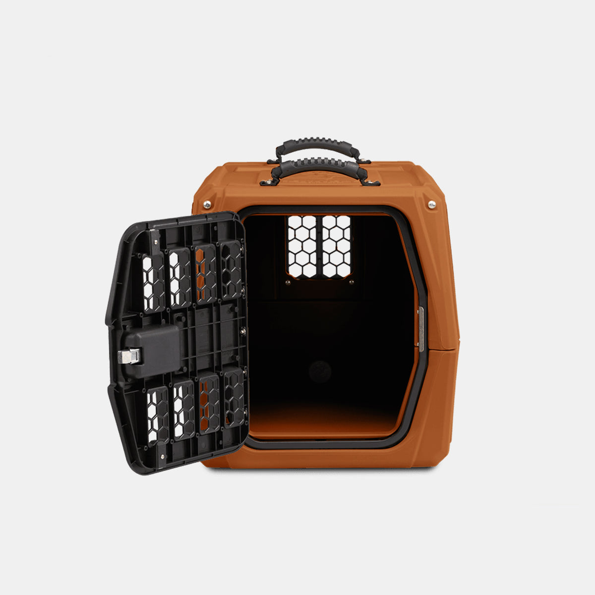 A brown and black pet carrier with a top handle, designed as a portable dog crate, is shown on a white background. The carrier door is open, revealing a dark interior and a hexagonal ventilation window. Perfect for outdoor gear needs, this kennel offers comfort and convenience for your pet on the go.