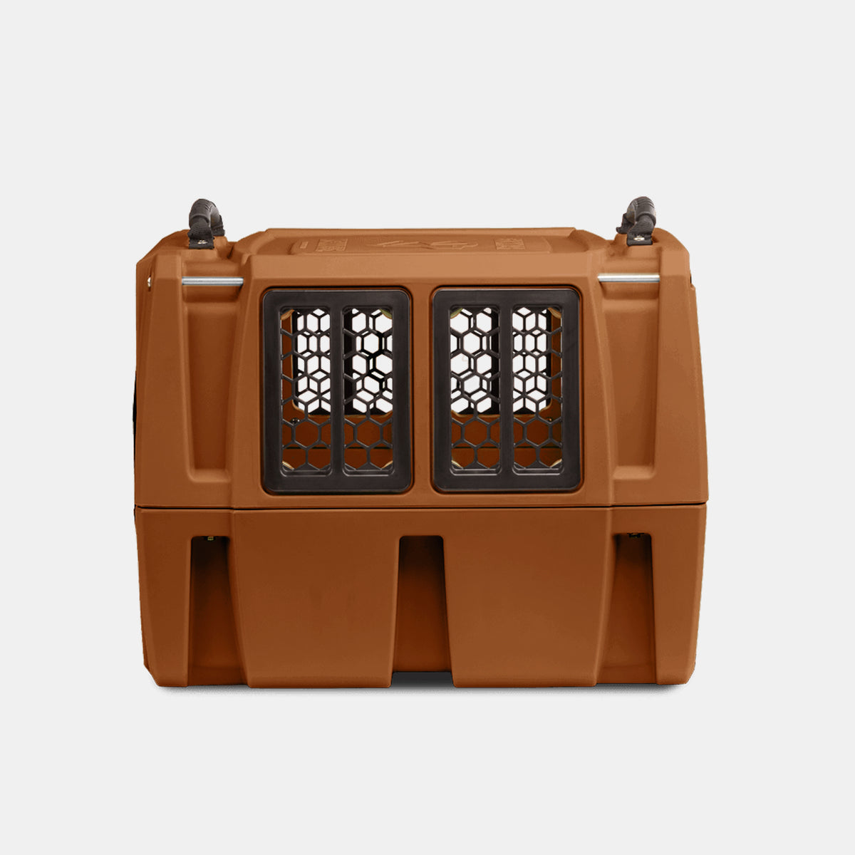A brown plastic dog crate with black metal mesh doors and windows, designed for safely transporting animals. Ideal as outdoor gear for your working dog, the crate has a sturdy build and handles on top.