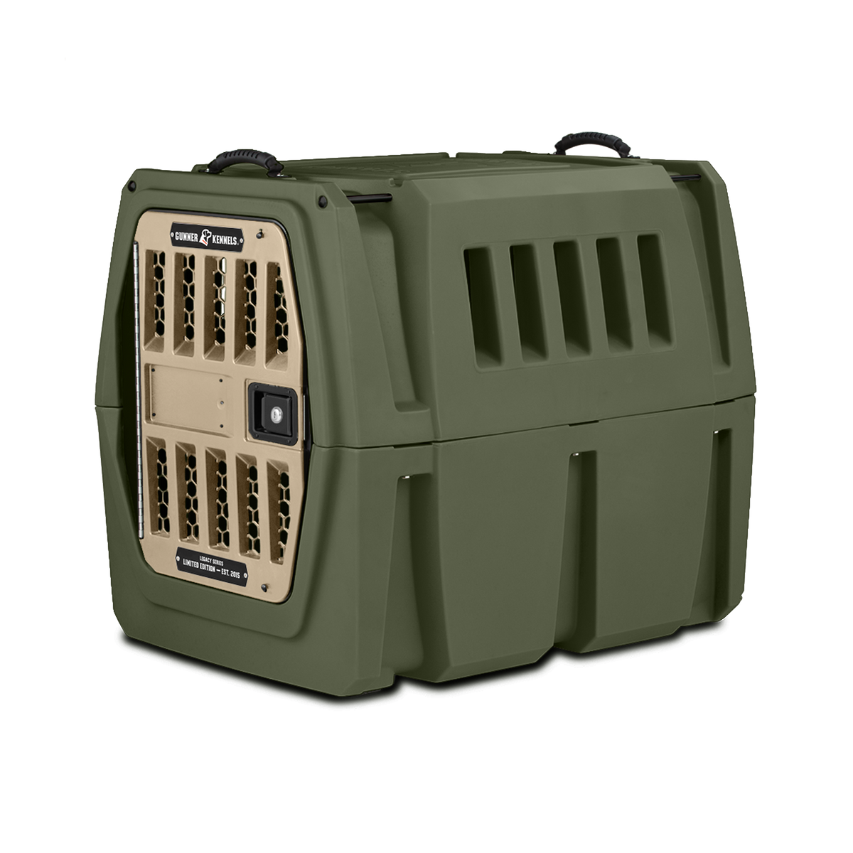 The GUNNER G1™ Kennel - Legacy Green is part of the GUNNER YARD collection. It is an olive-green, double-walled crate with side ventilation slots, a front metal door, and top handles for easy transport—designed by GUNNER for shock protection and safe animal travel.