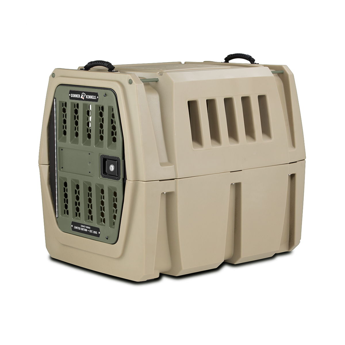 The GUNNER G1™ Kennel by GUNNER is a beige, double-walled hard plastic pet crate with top black handles, ventilation slats, and a secure green door—engineered to provide added shock protection and enhanced safety for your pet.