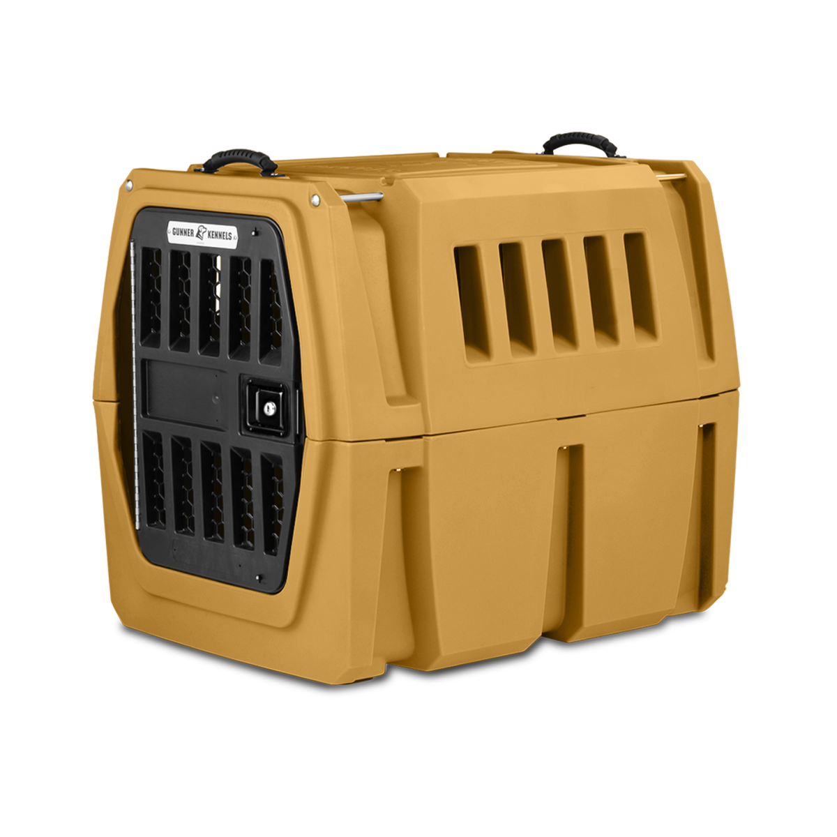 The GUNNER G1™ Kennel is a durable, tan double-walled crate with a black metal door, side ventilation slits, and top carrying handles—one of the safest options for shock protection. Shown against a plain white background.