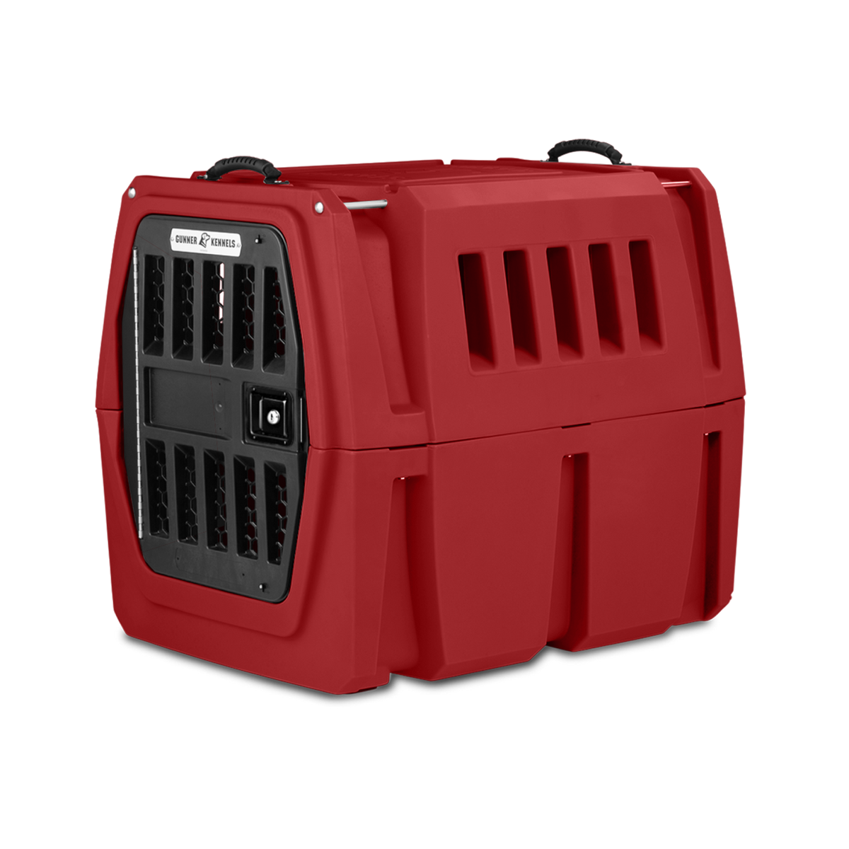 The GUNNER G1™ Kennel - GUNNER YARD is a durable red double-walled crate with side ventilation slots and a secure black metal front door, providing shock protection for safe animal transport.