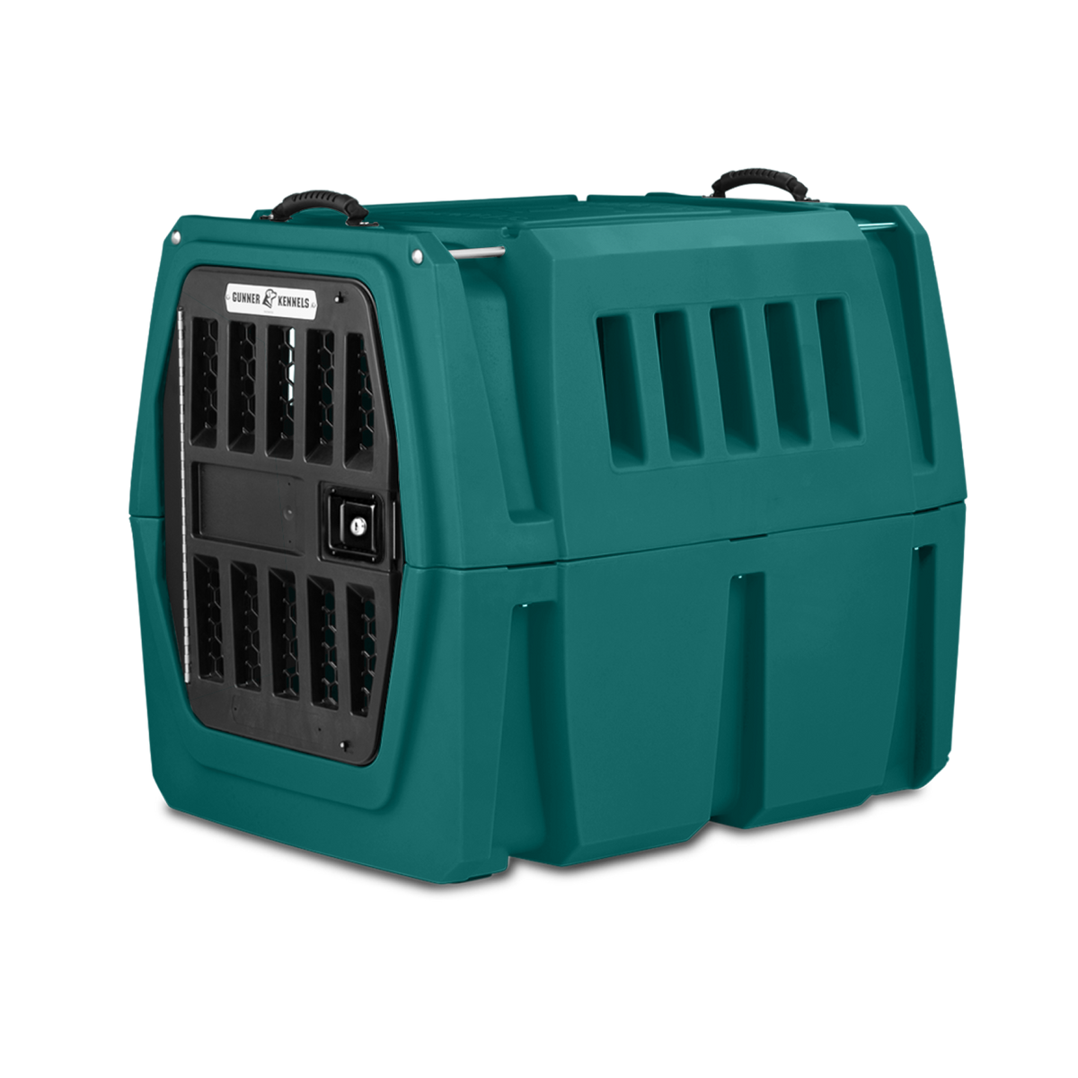 The GUNNER G1™ Kennel by GUNNER YARD is a robust teal double-walled crate with air vents and a secure black metal door, offering shock protection for animal transport. Top handles ensure easy carrying, making it among the safest dog crates on the market.