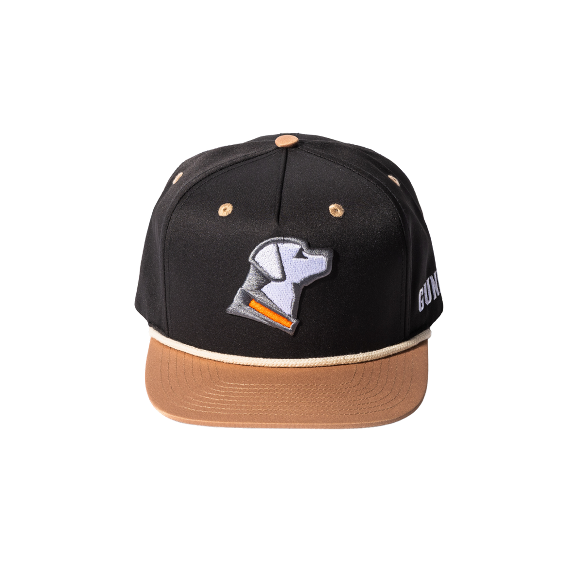 The HUNT SOLIDS Rope Hat by GUNNER features a black snapback design with a brown brim, embroidered white and gray dog head logo, and “GUNNER Wear” text on the side—ideal for hunt solids enthusiasts.