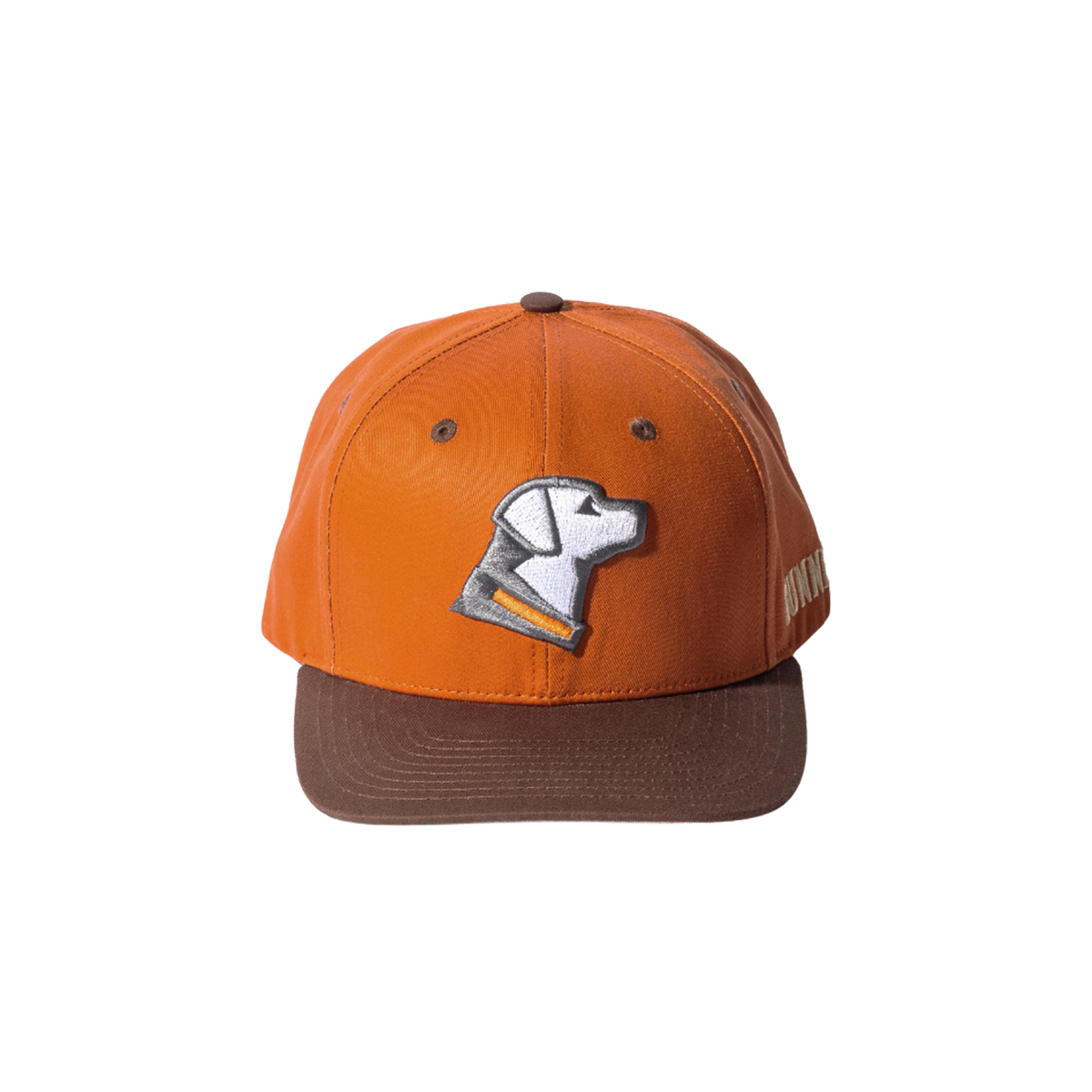 The GUNNER HUNT SOLIDS Snapback is an orange cap with a brown brim, featuring a white dog head embroidered on the front and a Perfect Fit snapback—perfect for hunt solids enthusiasts.