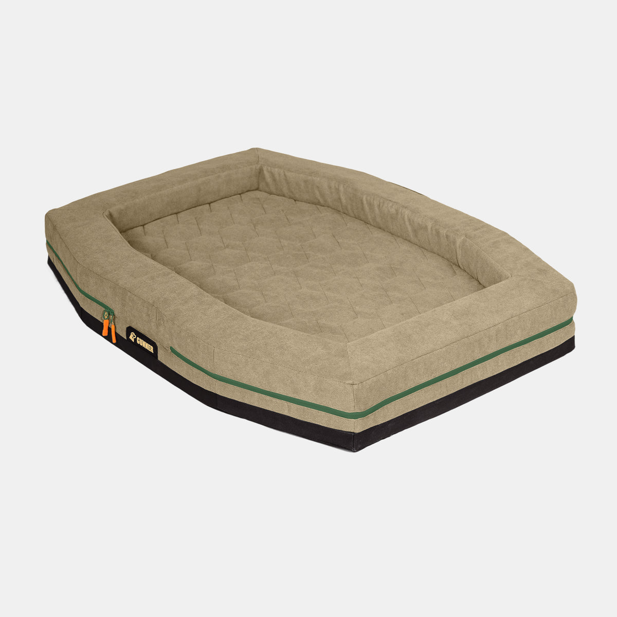 The GUNNER HOMESTEAD DOG BED Quail Tan, a rectangular khaki pet bed with raised edges, quilted surface, green stripe, and black base, is displayed on a white background. Inspired by Pheasants Forever style.