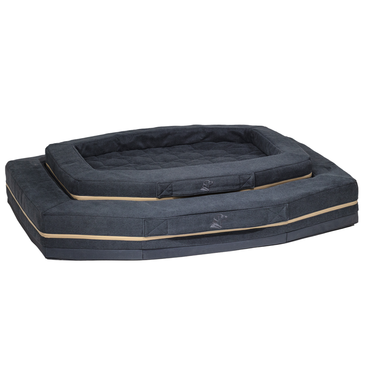 Two durable GUNNER HOMESTEAD DOG BEDs in Harbor Blue are stacked, one smaller atop the other, both with raised edges and quilted, easy-to-clean surfaces.
