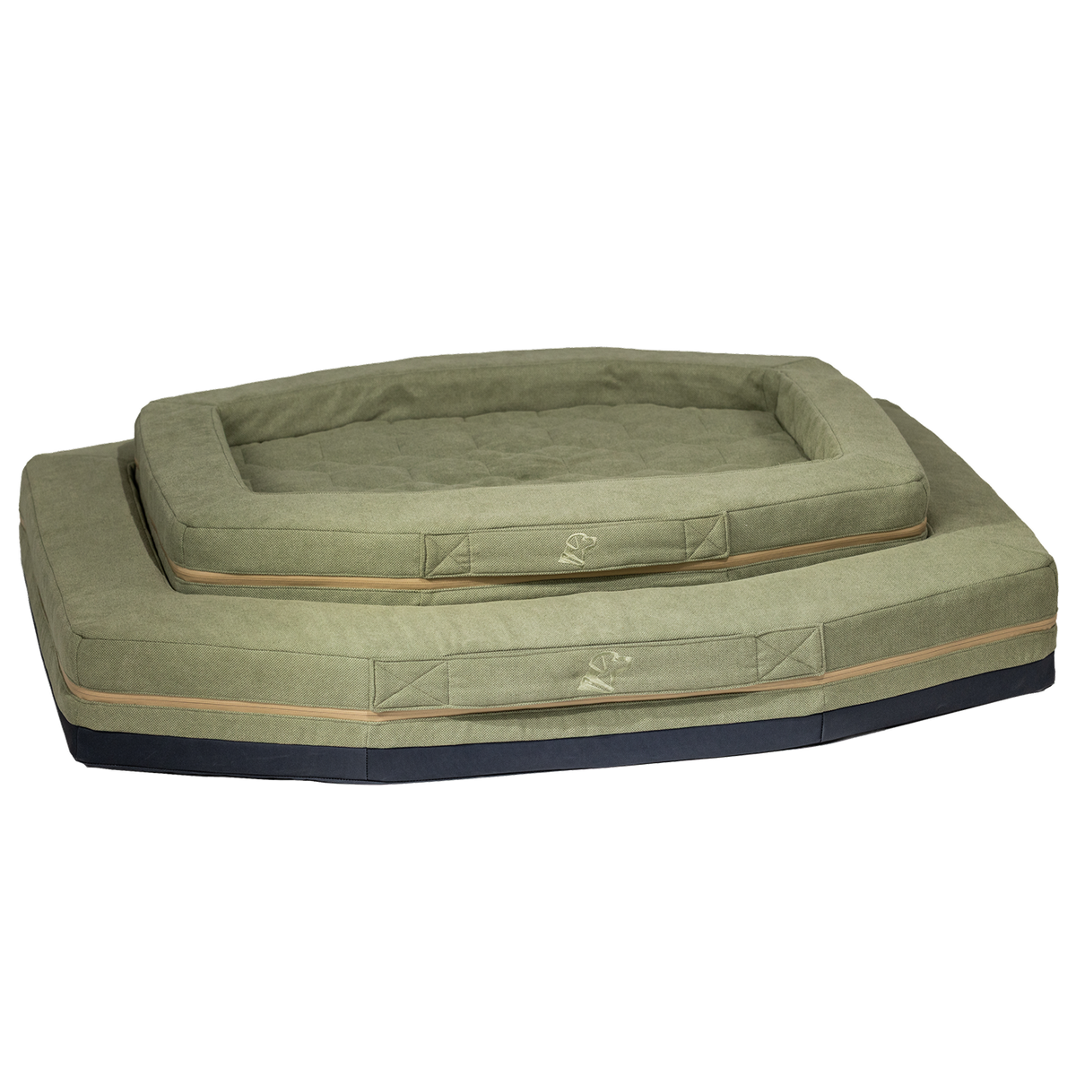 Two HOMESTEAD DOG BED - GUNNER Yard beds by GUNNER, in olive green with tan trim and dark, easy-to-clean bases, are stacked against a white background. The rectangular beds have raised sides and appear soft, padded, and durable.