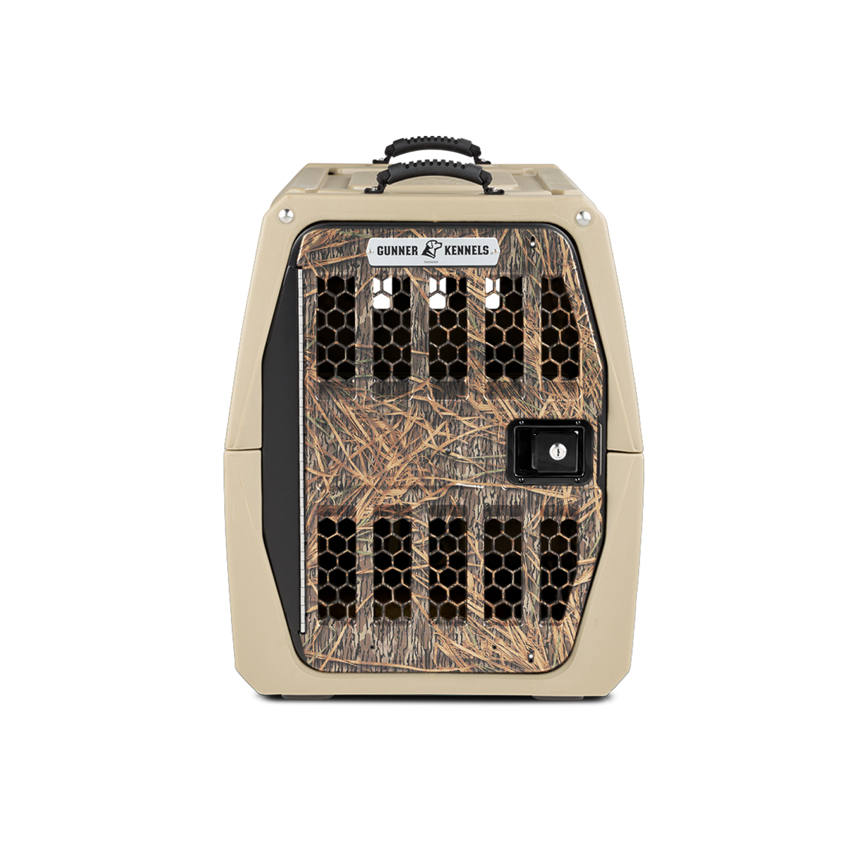 The GUNNER G1™ KENNEL in Tan/Shadow Grass is a durable dog crate with a camo front door, ventilation holes, secure latch, and top black handle—perfect for safe pet transport.
