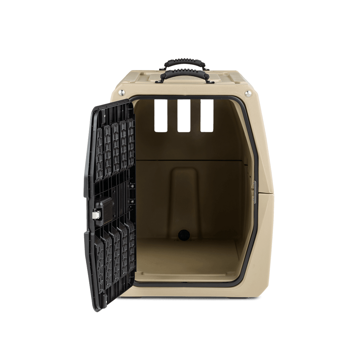The GUNNER G1™ KENNEL - TAN/SHADOW GRASS is a tan hard-sided pet carrier with a black metal door opening to the left, handle on top, rectangular ventilation openings, and a Mossy Oak design ideal for duck hunters.