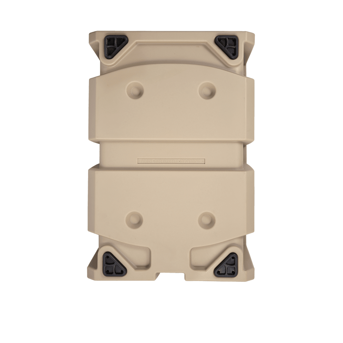 The GUNNER G1™ KENNEL - TAN/SHADOW GRASS is a tan, rectangular, hard-sided dog crate with reinforced black corners and molded handles—ruggedly designed for duck hunters seeking the safest storage case for their dogs.