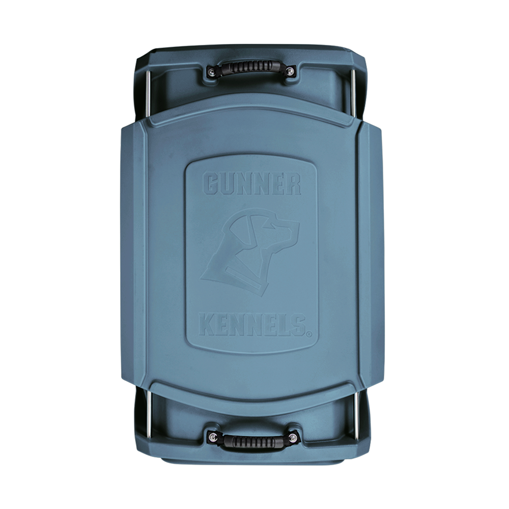 Top view of the GUNNER G1™ KENNEL - Ducks Unlimited Blue, a blue-gray hard plastic crate with black handles and an embossed dog head and logo—a top choice for Ducks Unlimited and perfect for waterfowl habitats.