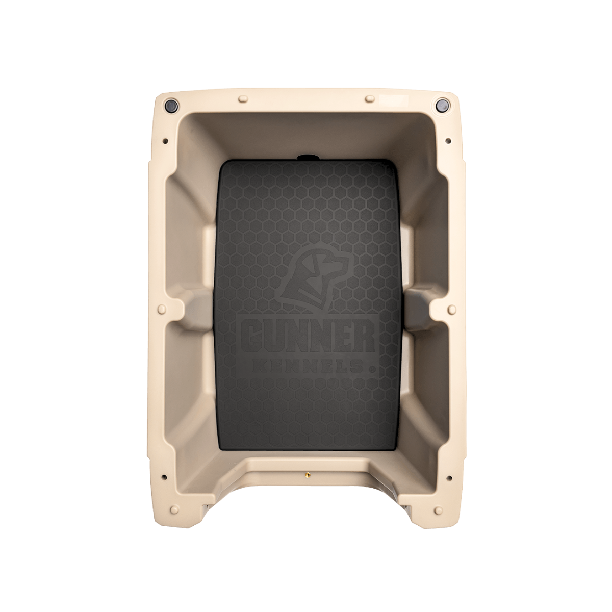 Top view of GUNNERs PERFORMANCE PAD, a black honeycomb-patterned floor mat with a dogs head outline in the center, designed for sporting dogs. Featured in a beige crate with rounded edges and the Gunner Kennels logo.