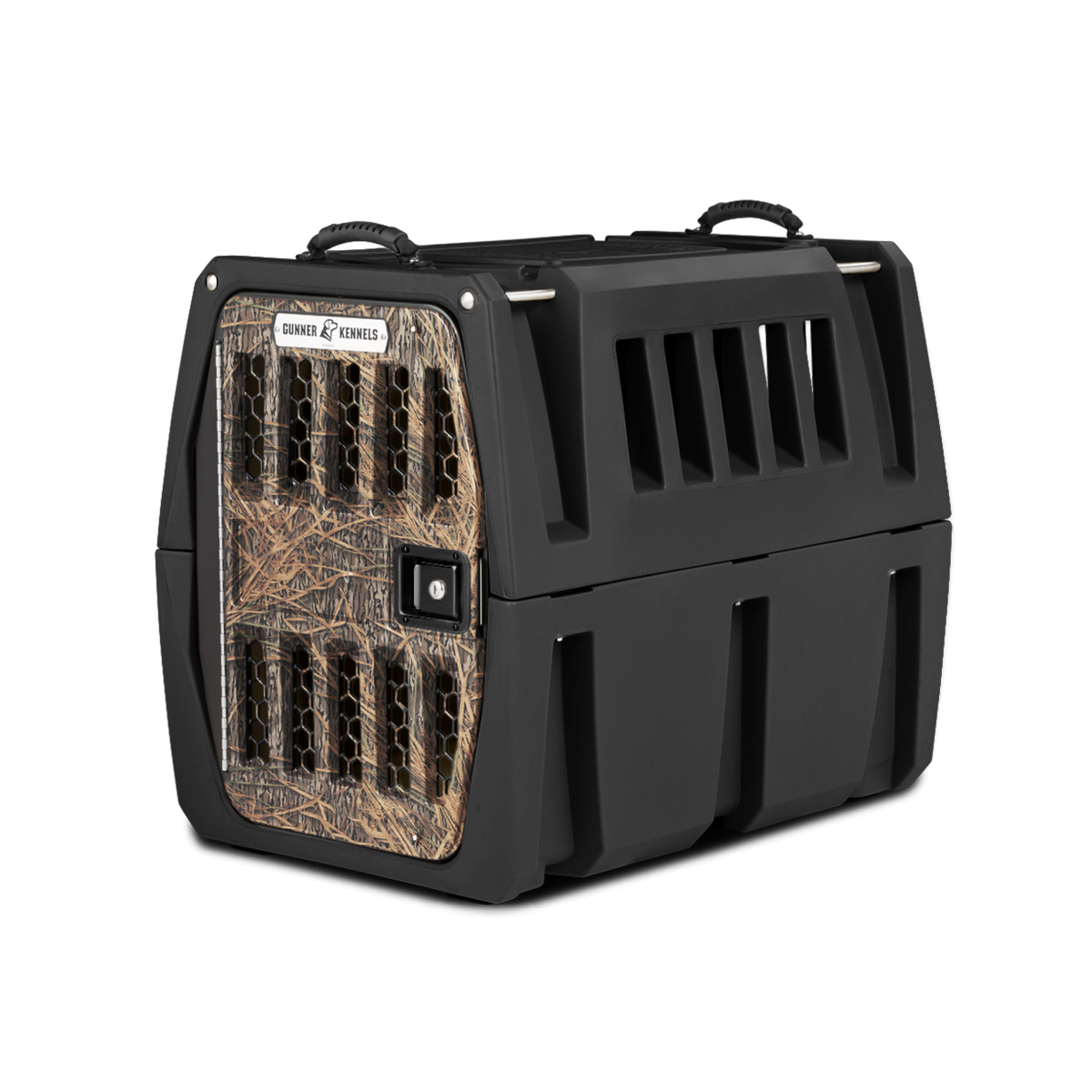 The GUNNER G1™ KENNEL in Black/Shadow Grass has ventilation slots, a camo front door, and top handles for easy carrying—ideal for duck & goose hunters seeking a safe, sturdy dog crate.