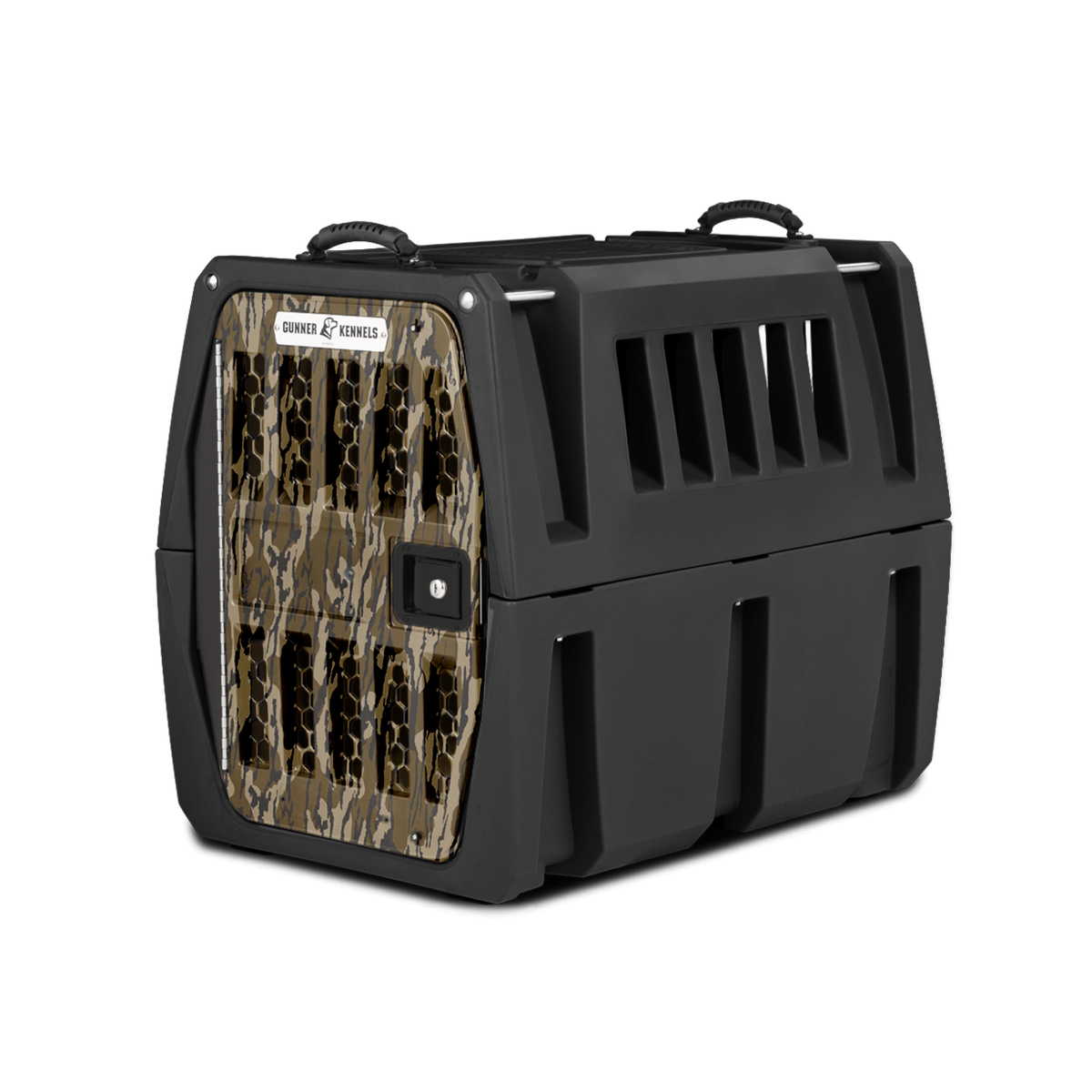 The GUNNER G1™ KENNEL - MOSSY OAK BOTTOMLAND BLACK is a durable dog crate with a black plastic body, camo-patterned ventilated door, sturdy side panels, and two top carrying handles, shown on a plain white background.