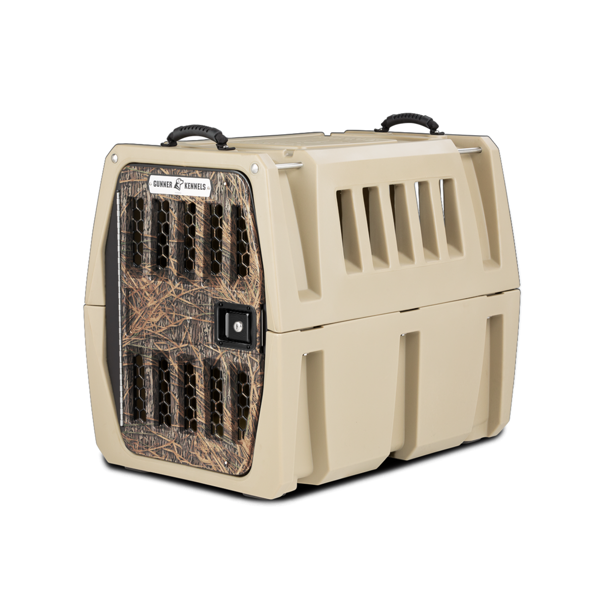 The GUNNER G1™ KENNEL - TAN/SHADOW GRASS is a tan dog crate with black handles and a vented door in Mossy Oak camo, designed for maximum safety and secure pet transport.