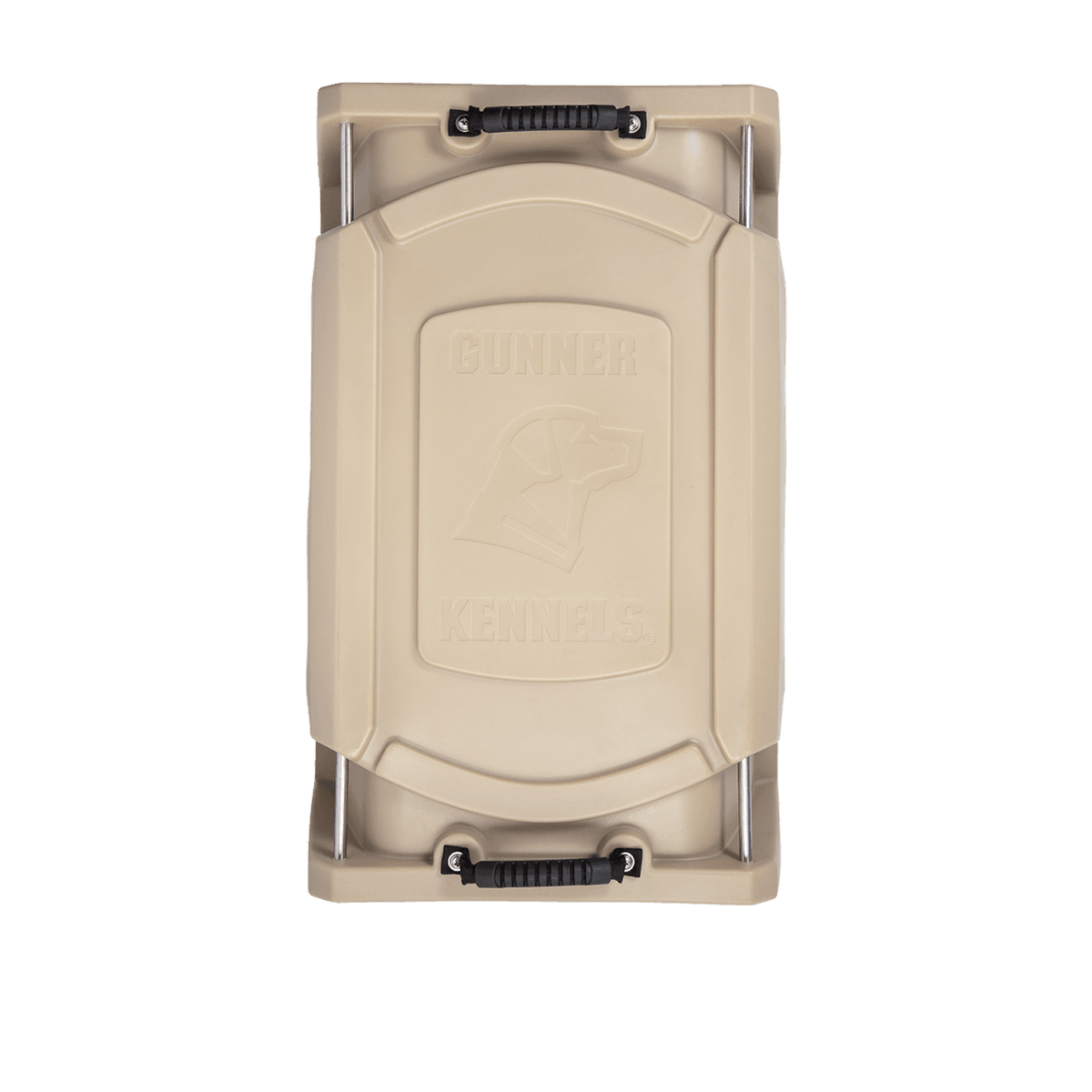 The GUNNER G1™ KENNEL - TAN/SHADOW GRASS is shown from above, featuring black handles on each end and an embossed dog head with GUNNER KENNELS on the lid—ideal for duck hunters.