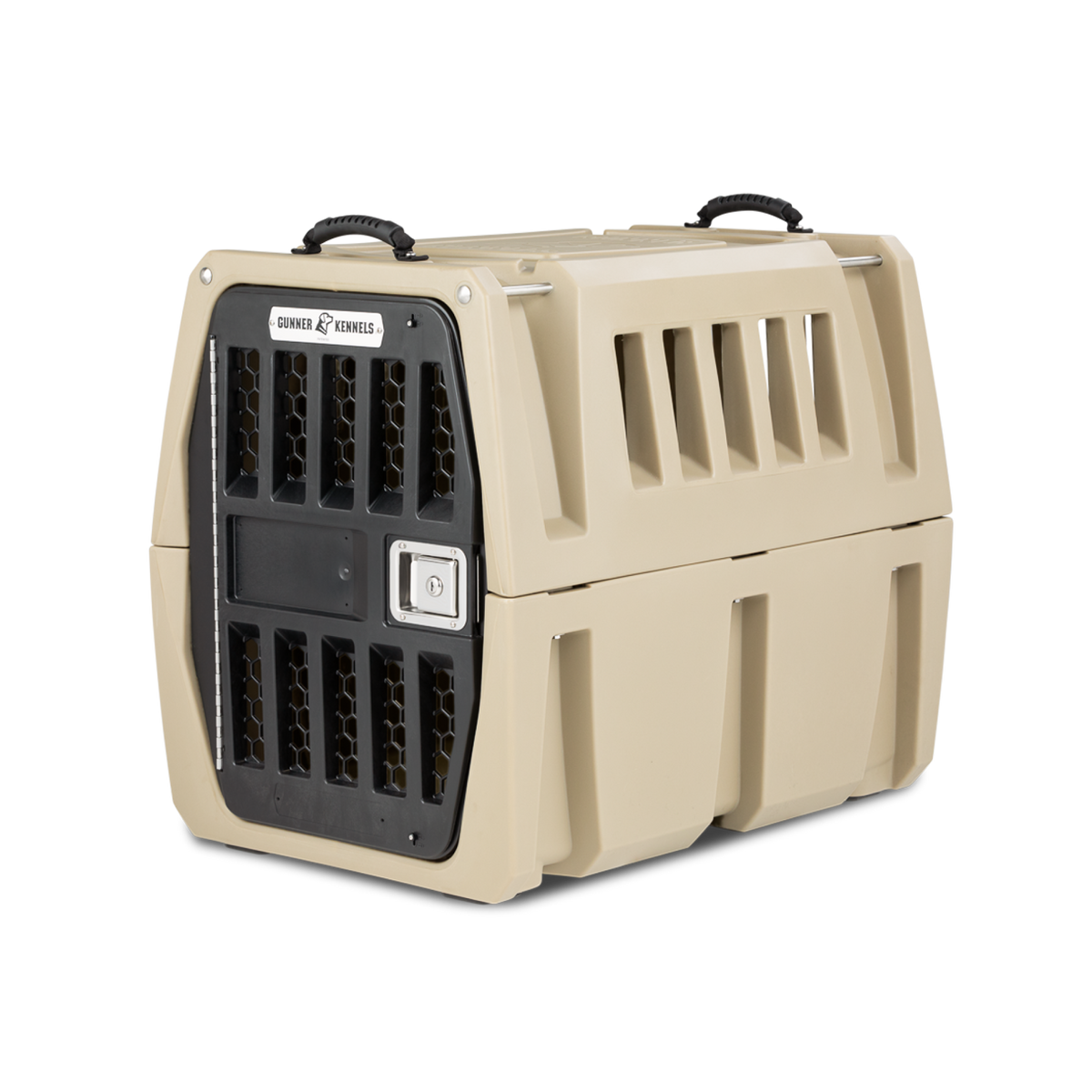 The GUNNER G1™ KENNEL - TAN is a hard plastic, double-walled kennel with ventilation slats, secure metal door, and top handles—designed for safe animal transport and enhanced shock protection.