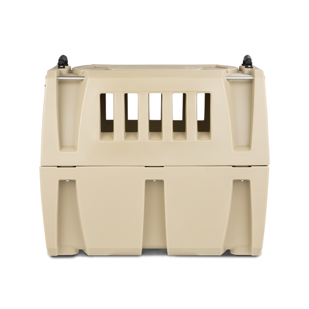 The GUNNER G1™ KENNEL - MOSSY OAK BOTTOMLAND TAN is a sturdy, rectangular beige dog crate with front ventilation slats, shown against a plain white background.
