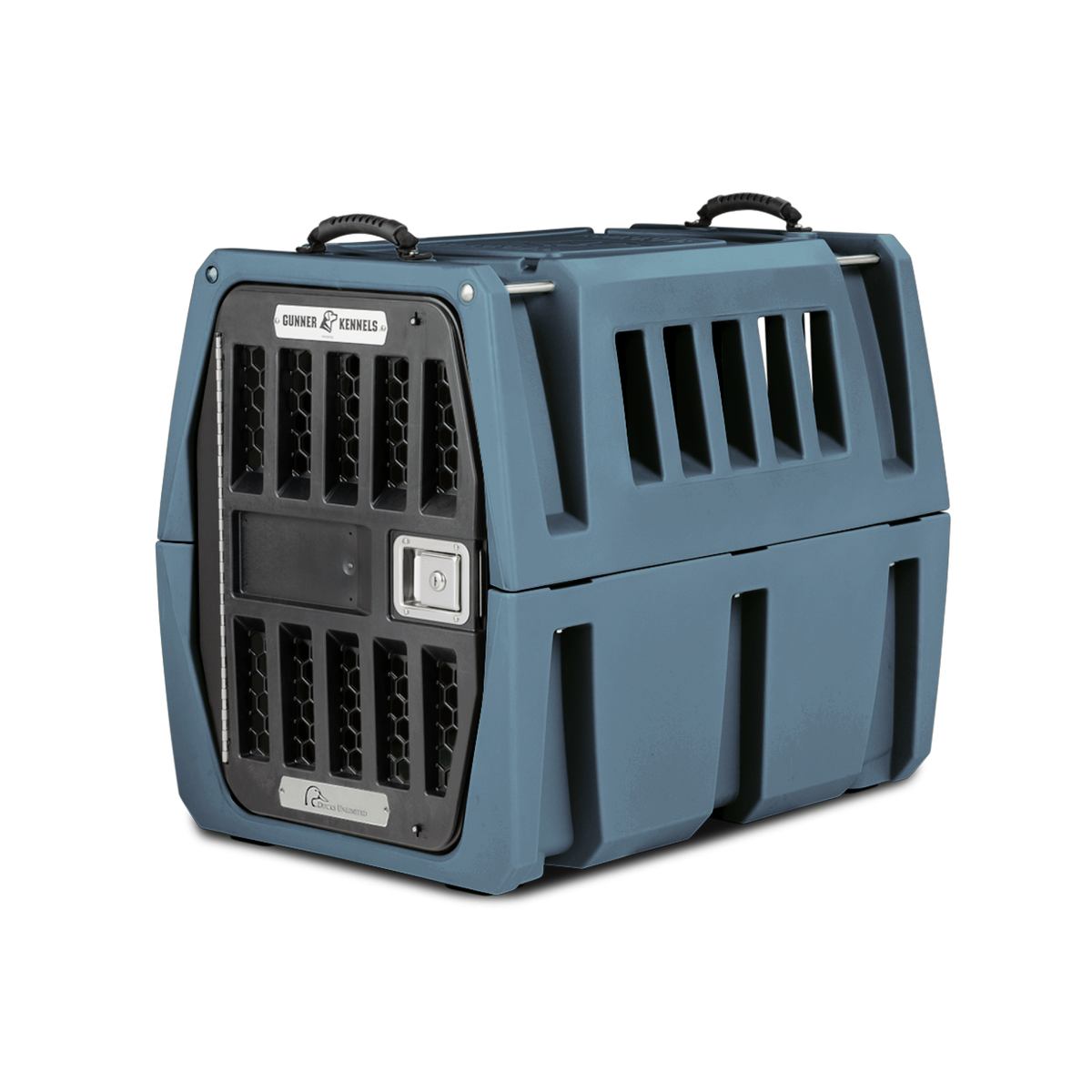 The GUNNER G1™ KENNEL - Ducks Unlimited Blue features ventilation slats, a metal front door, black top handles, and a Gunner Kennel label—trusted by Ducks Unlimited for safe waterfowl habitat transport.