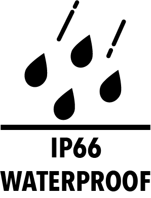 Black icon of three water droplets above a horizontal line, symbolizing waterproof protection for your dog kennel. Text below reads IP66 WATERPROOF. The background is light gray.