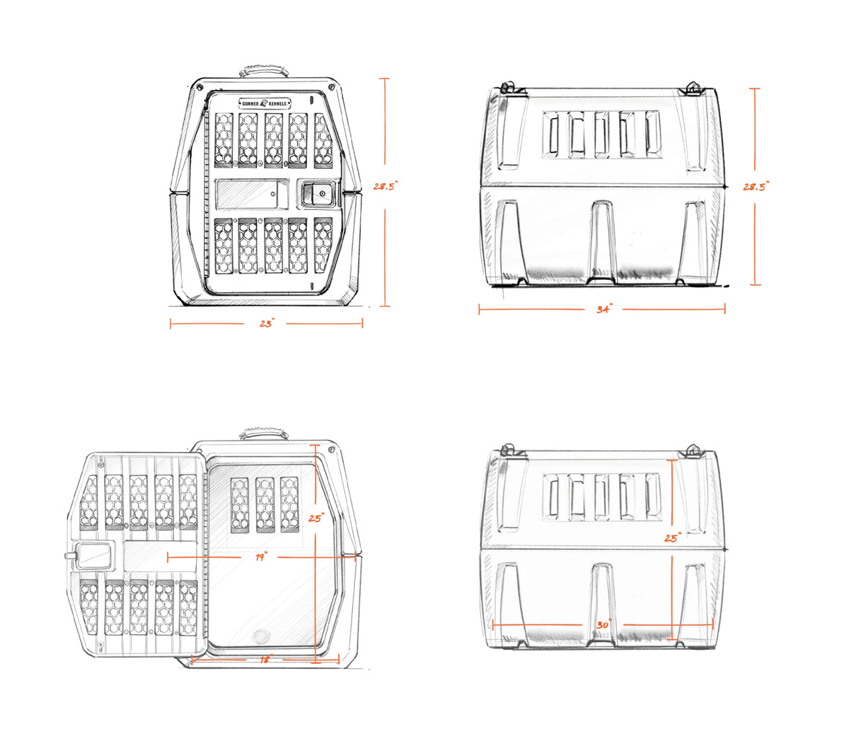 Four technical sketches of a box-shaped dog crate from different angles, each annotated with dimensions: 24.5, 16, 36, 25, 11, and 20. The kennel features ventilation slats and a handle on top.
